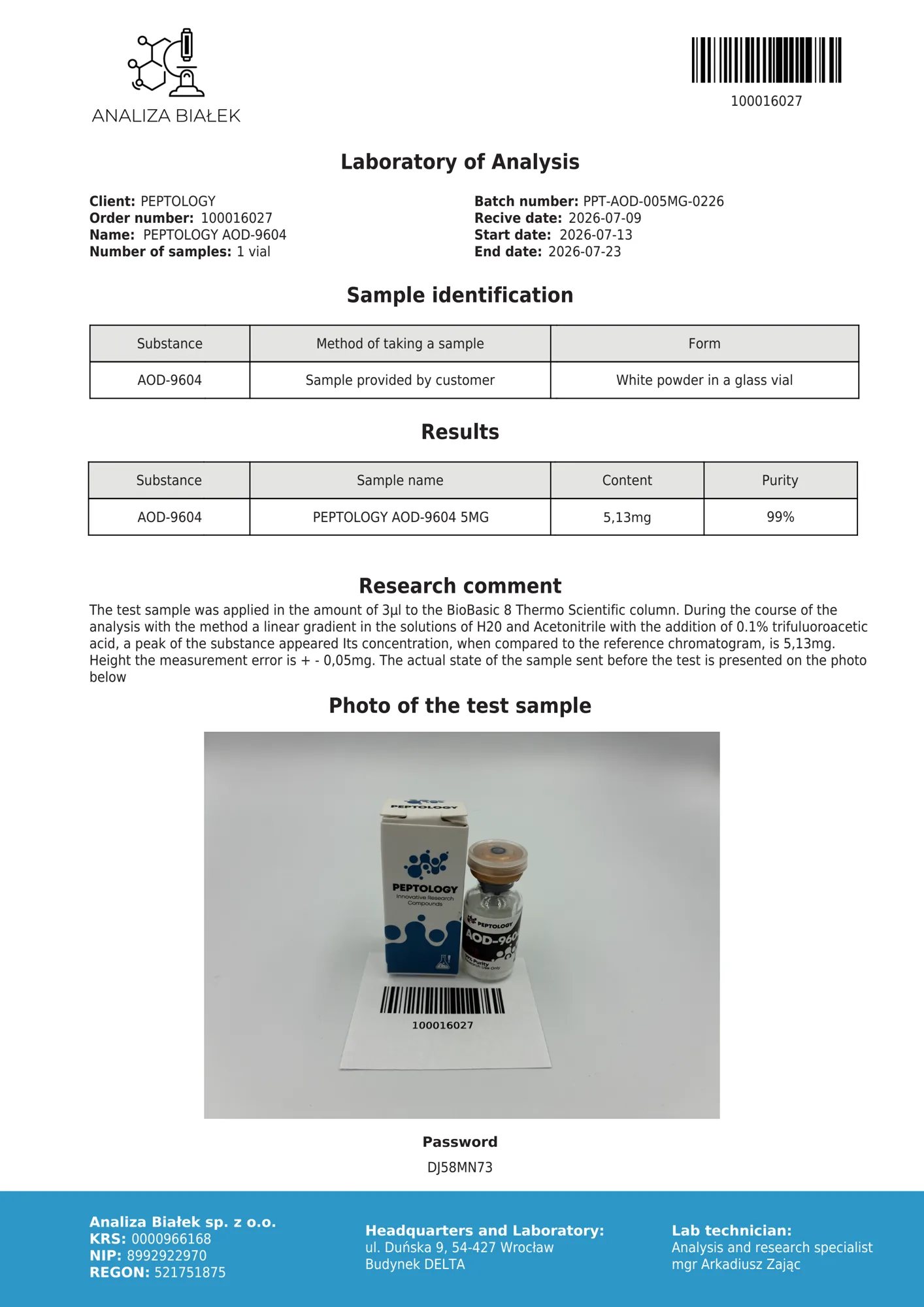 AOD-9604 5 mg – certificato di purezza HPLC, lotto 0226
