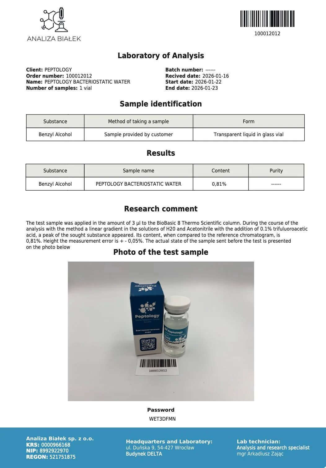 Acqua batteriostatica – certificato di purezza HPLC