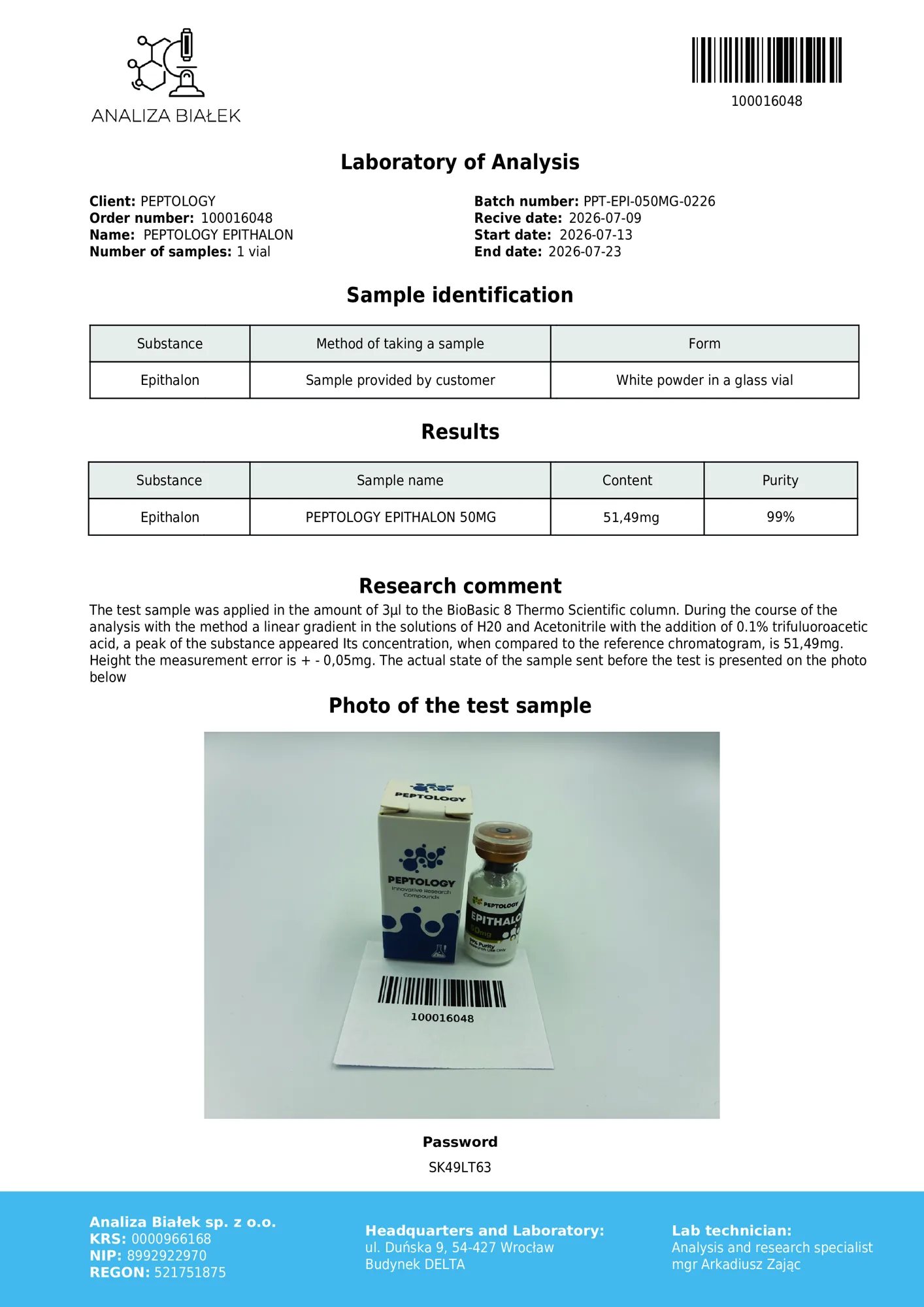 Epithalon 50 mg – certificato di purezza HPLC, lotto 0226