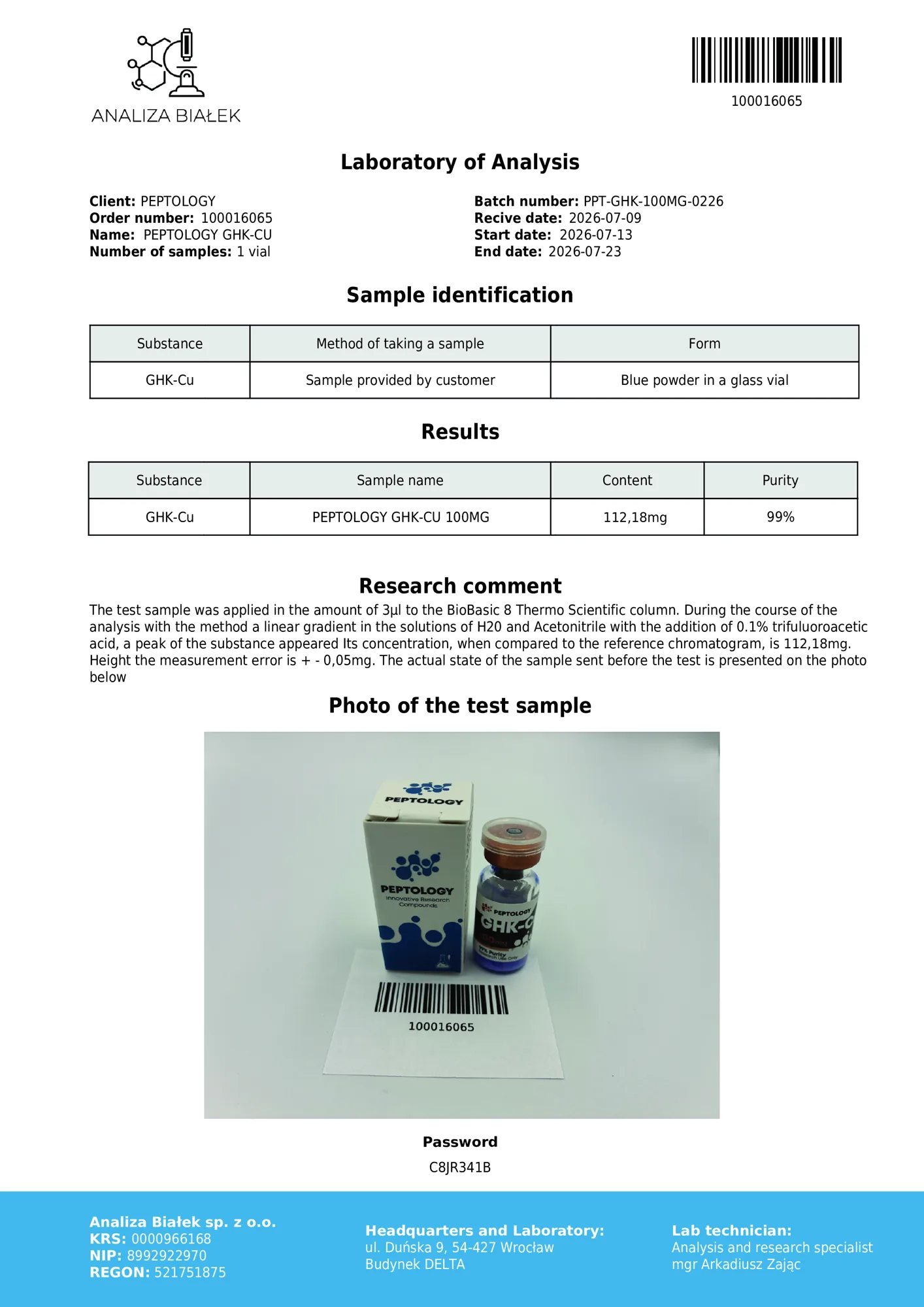 GHK-Cu 100 mg – certificato di purezza HPLC, lotto 0226