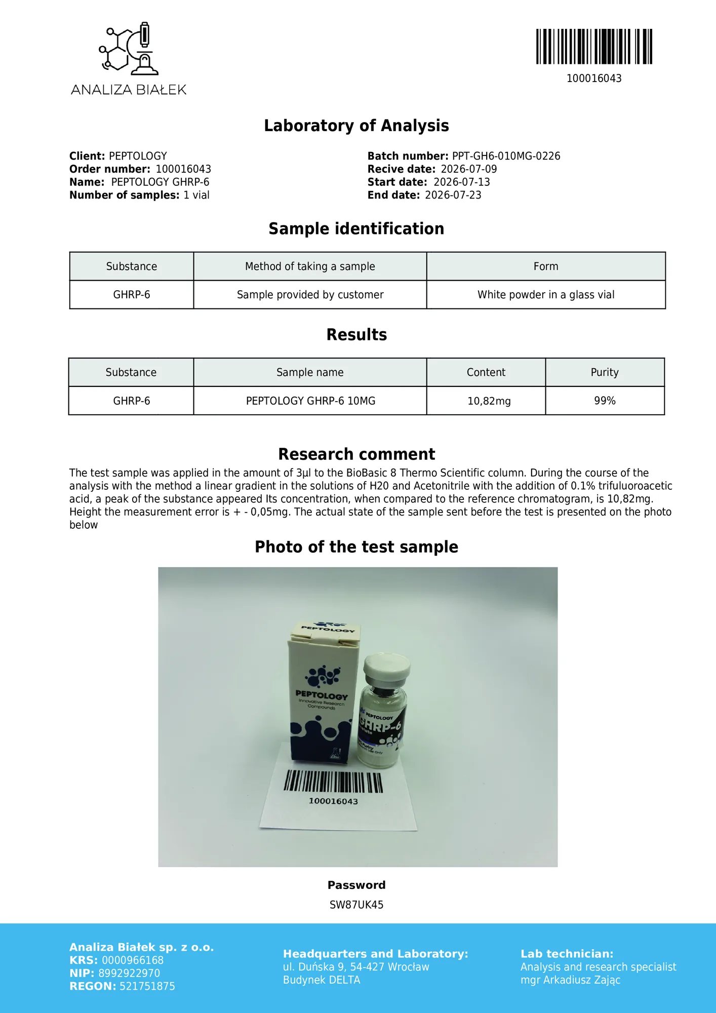 GHRP-6 10 mg – certificato di purezza HPLC, lotto 0226