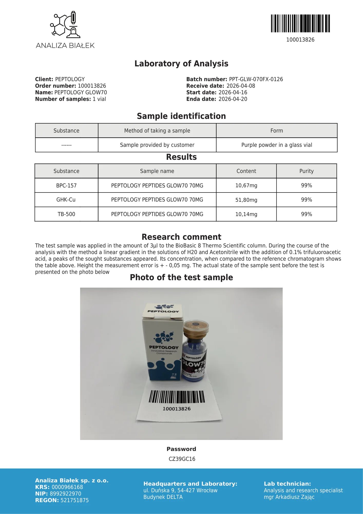 GLOW70 – certificato di purezza HPLC, lotto 0126