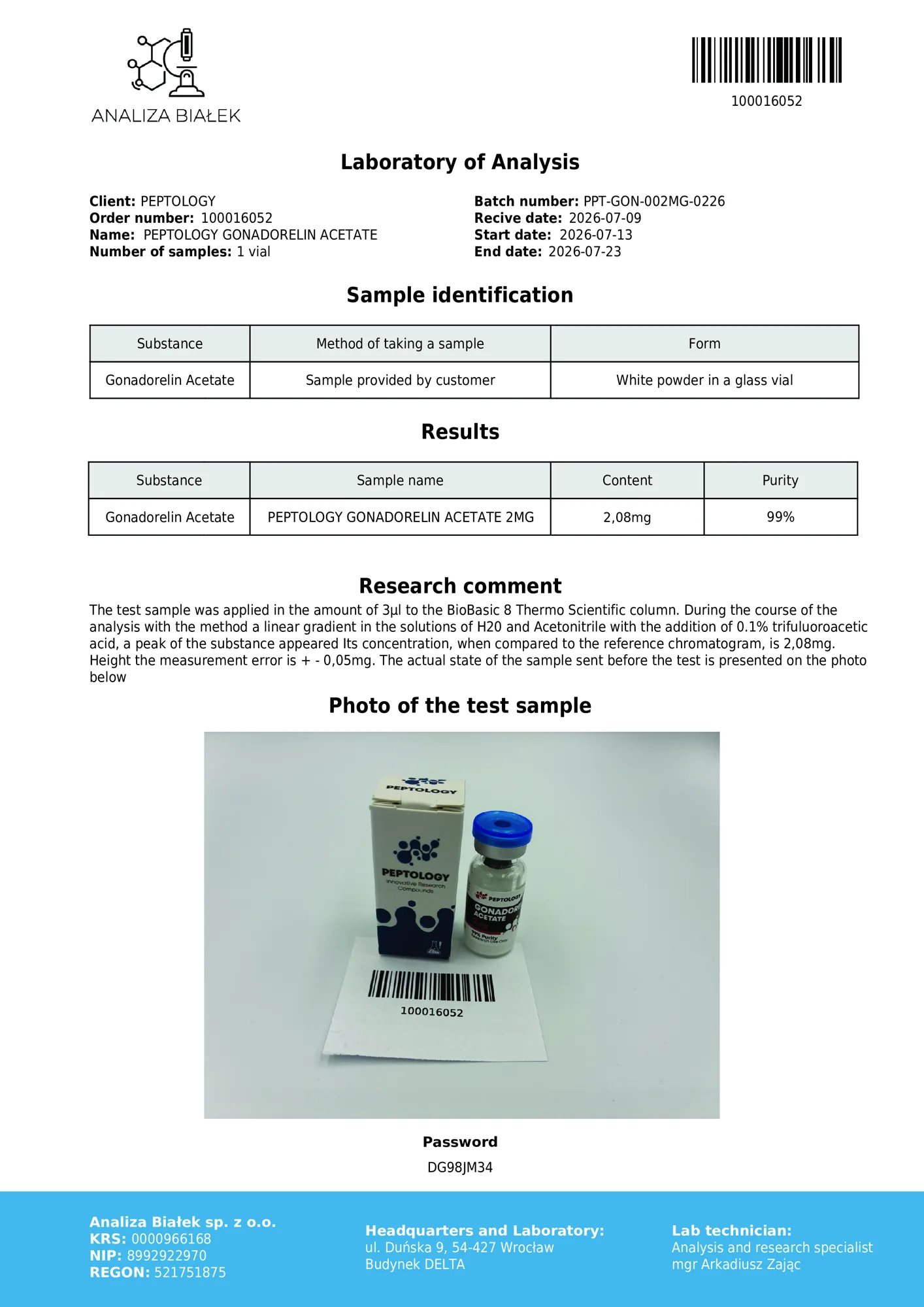 Gonadorelin 2 mg – certificato di purezza HPLC, lotto 0226