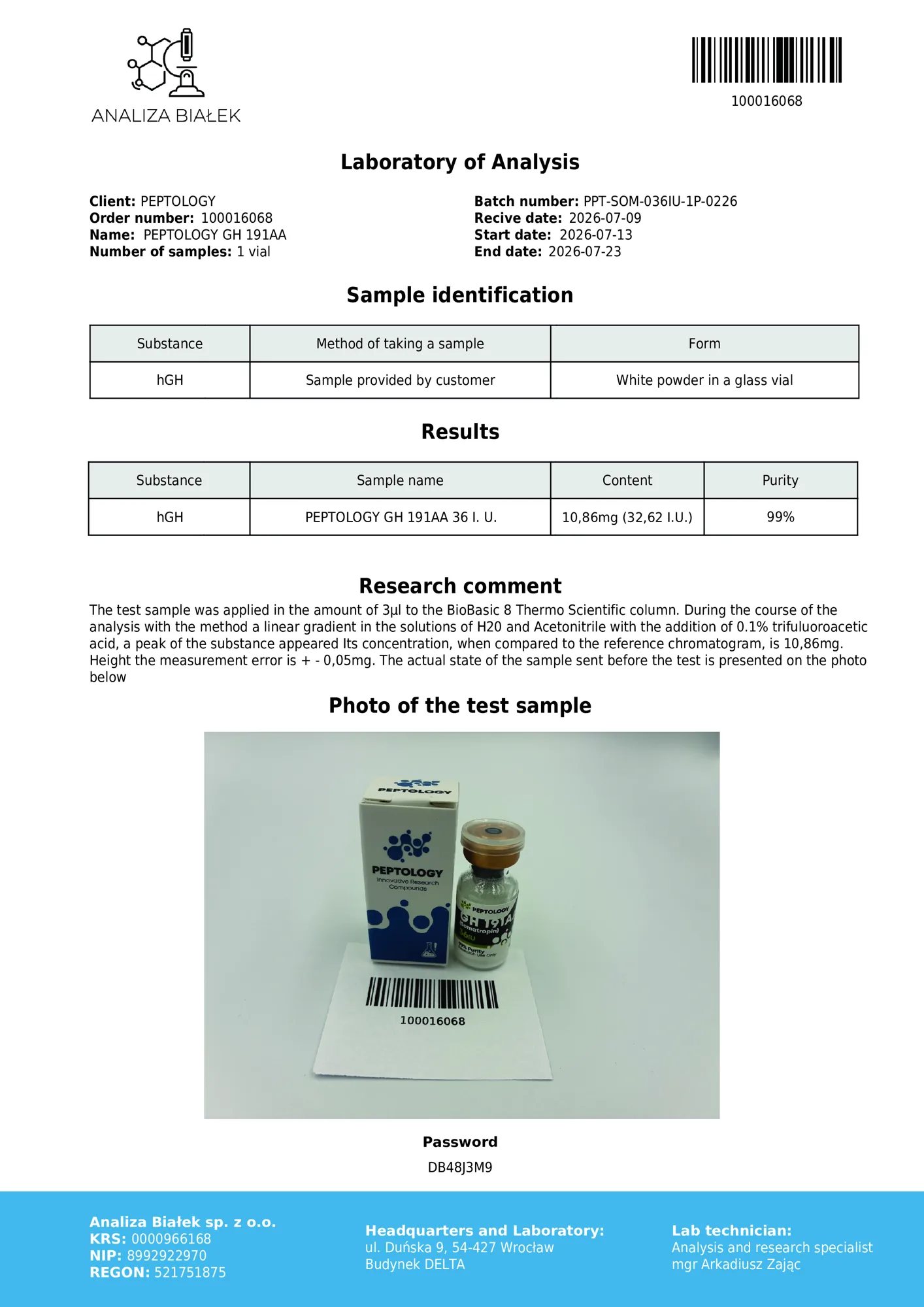 Somatropin 36 IU – certificato di purezza HPLC, lotto 0226