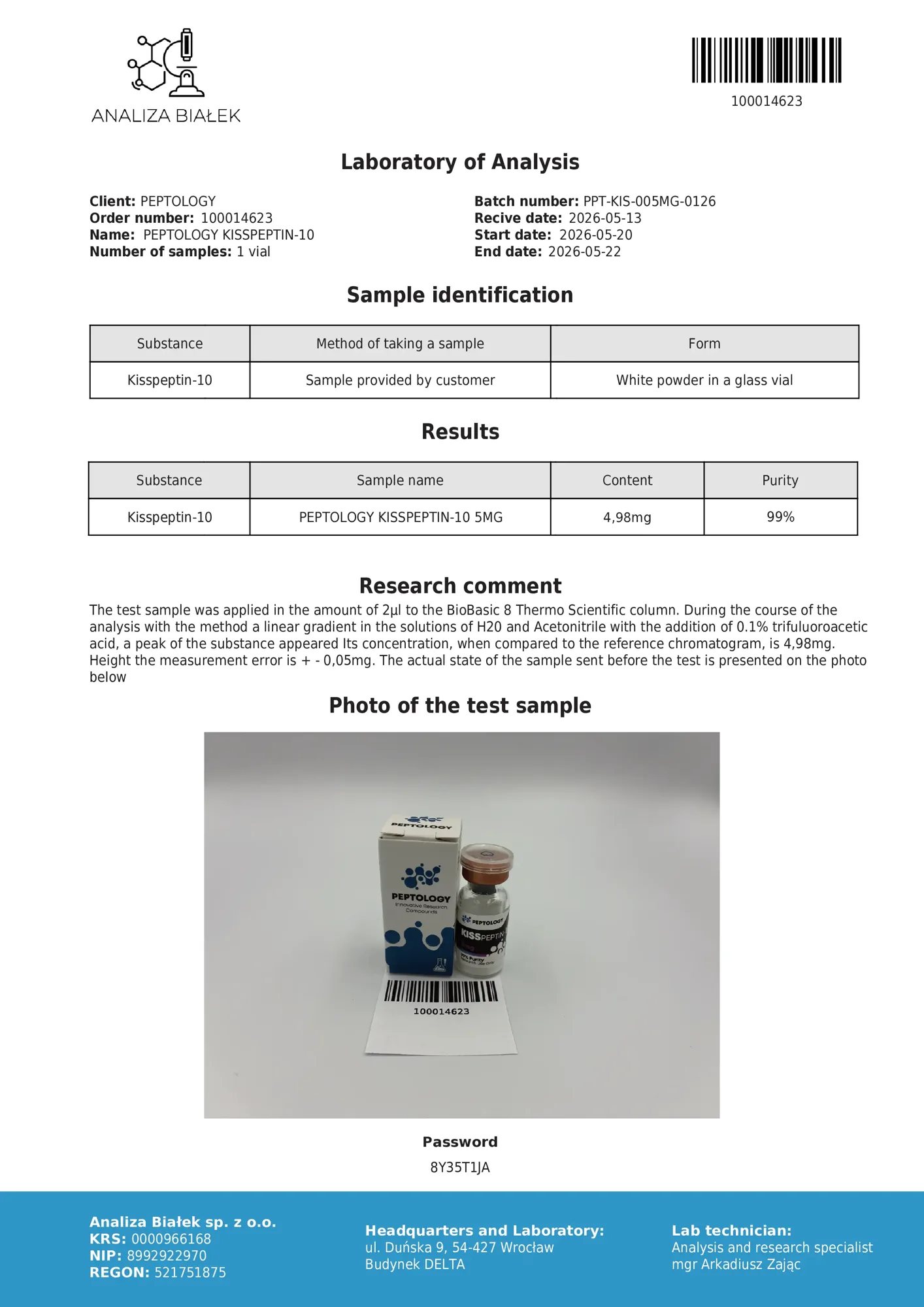 Kisspeptin-10 5 mg – certificato di purezza HPLC, lotto 0126