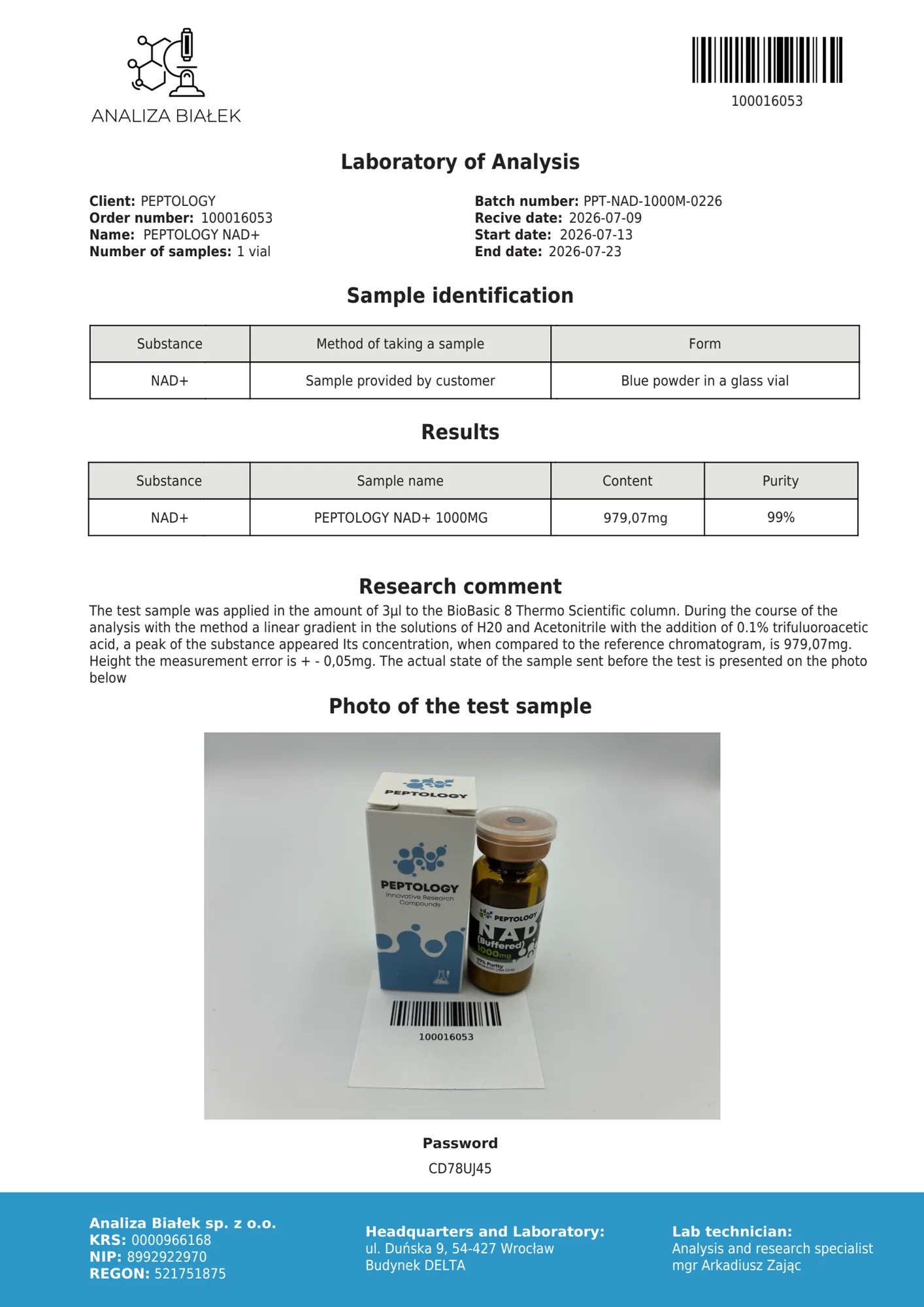 NAD+ 1000 mg – certificato di purezza HPLC, lotto 0226