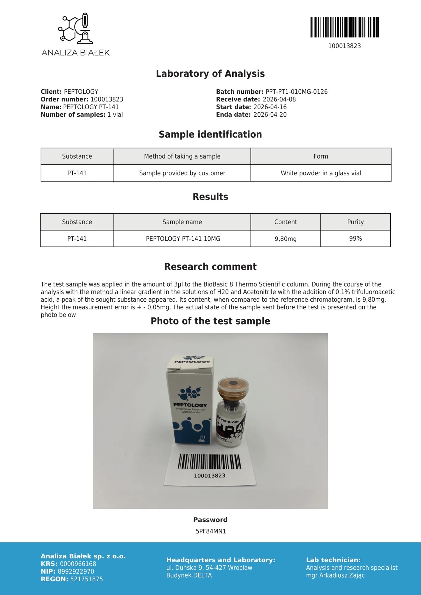 PT-141 10 mg – certificato di purezza HPLC, lotto 0126