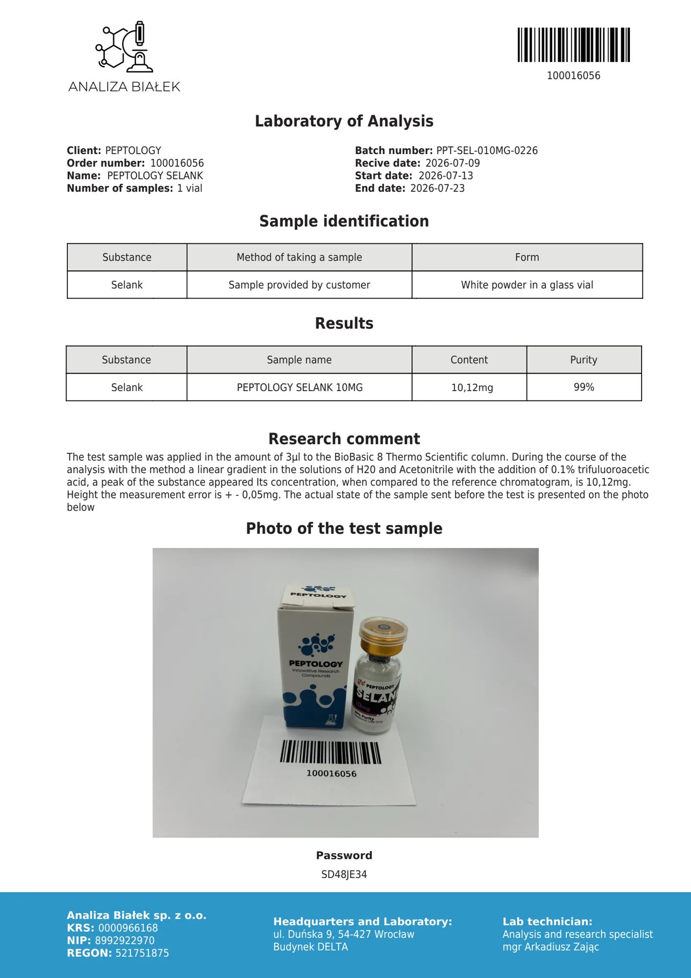 Selank 10 mg – certificato di purezza HPLC, lotto 0226