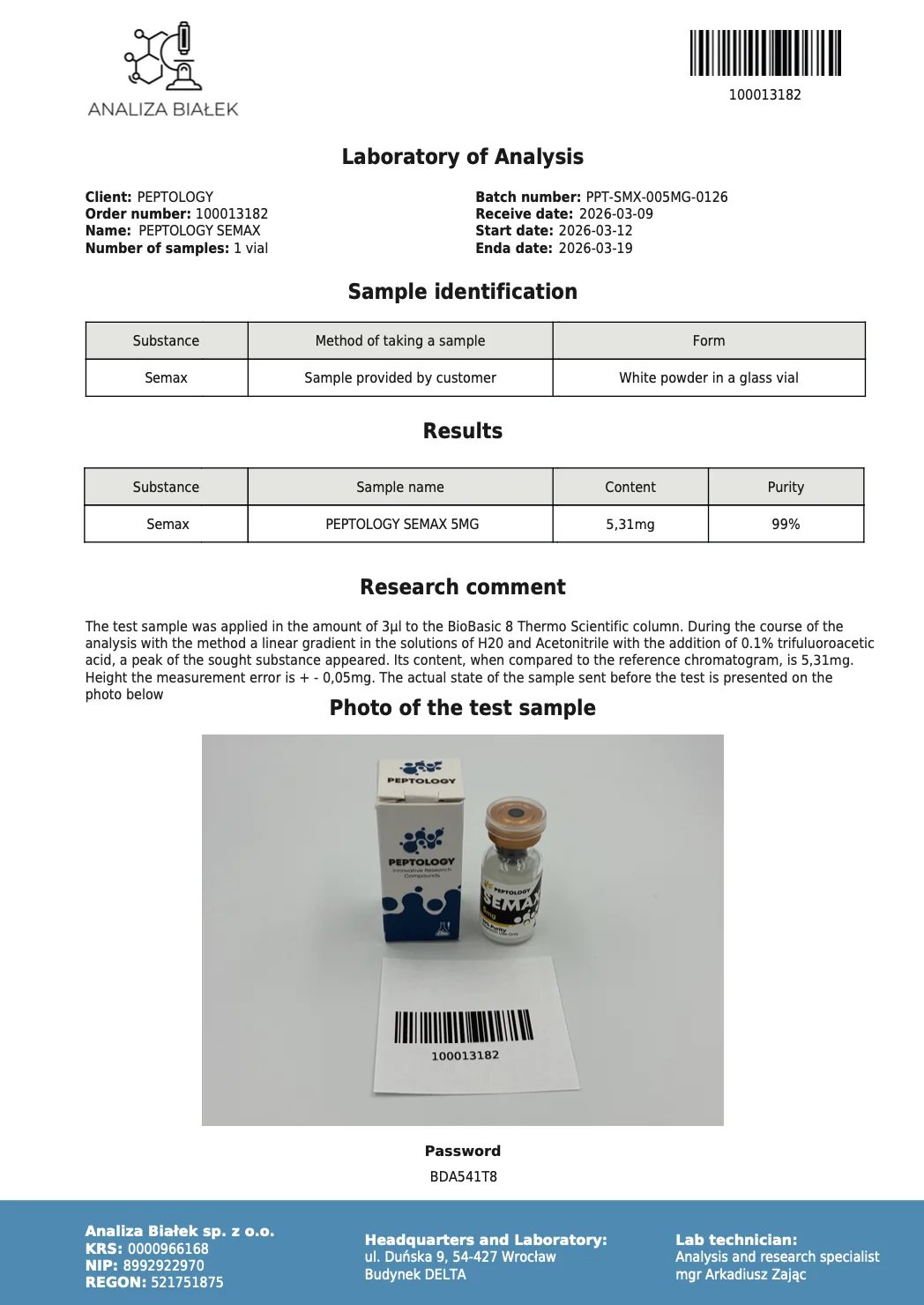 Semax 5 mg – certificato di purezza HPLC, lotto 0126