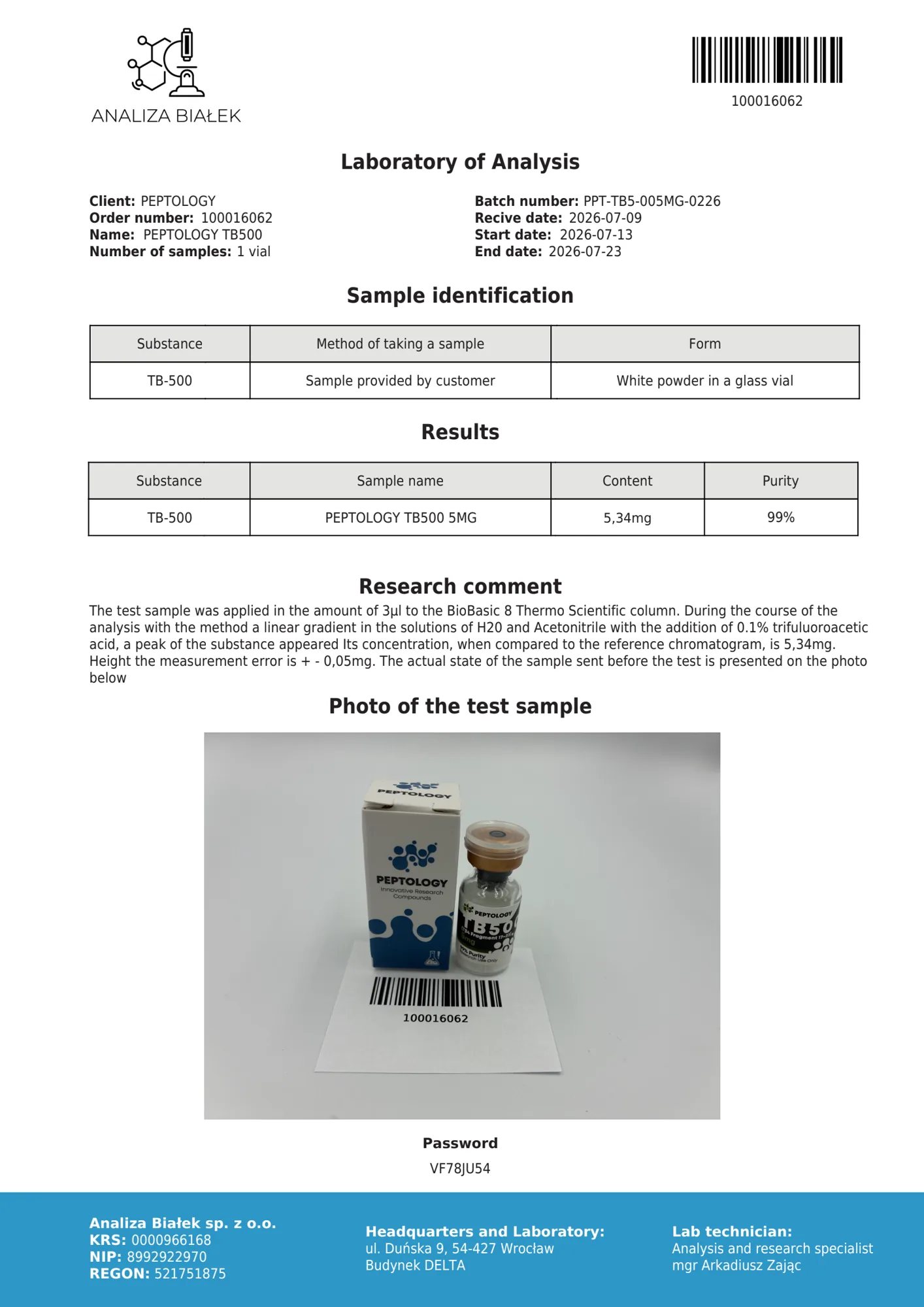 TB500 5 mg – certificato di purezza HPLC, lotto 0226