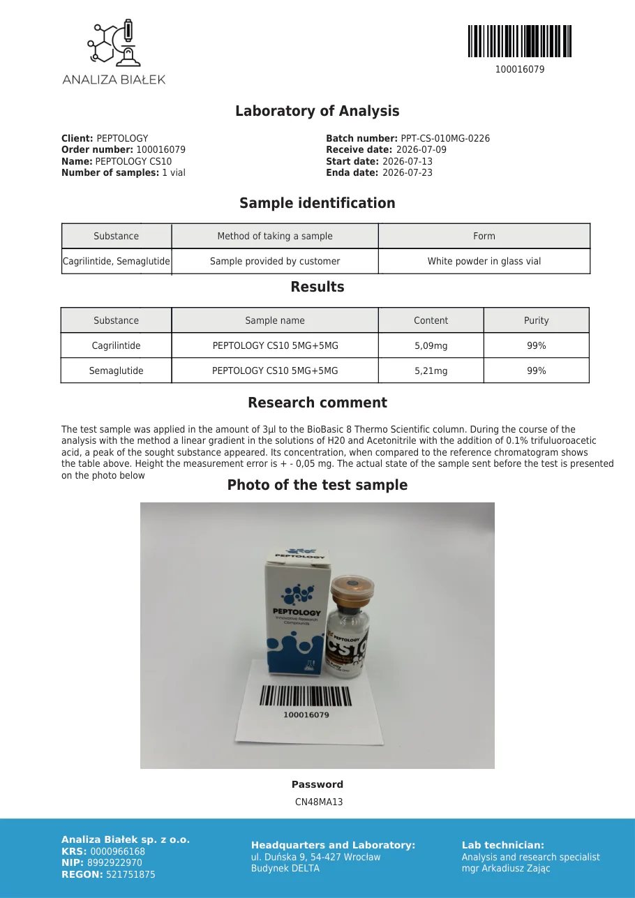 CS10 5 mg+5 mg – certificato di purezza HPLC, lotto 0226
