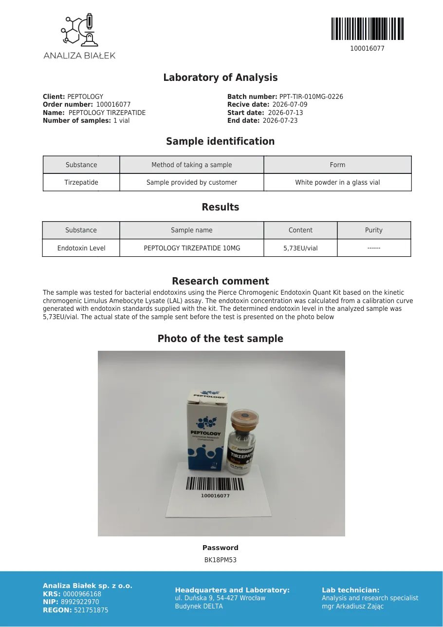 Tirzepatide 10 mg – test delle endotossine, lotto 0226