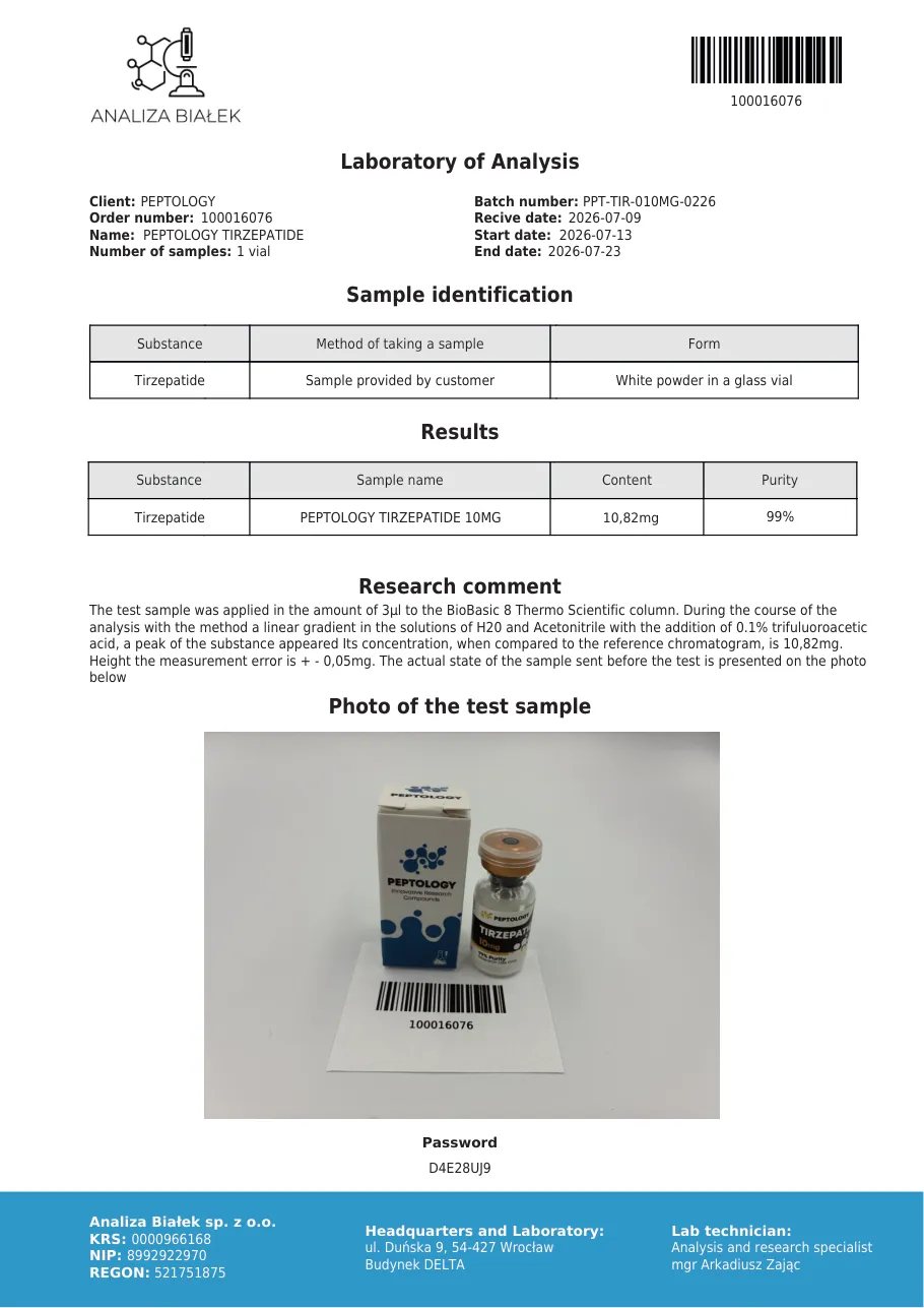 Tirzepatide 10 mg – certificato di purezza HPLC, lotto 0226