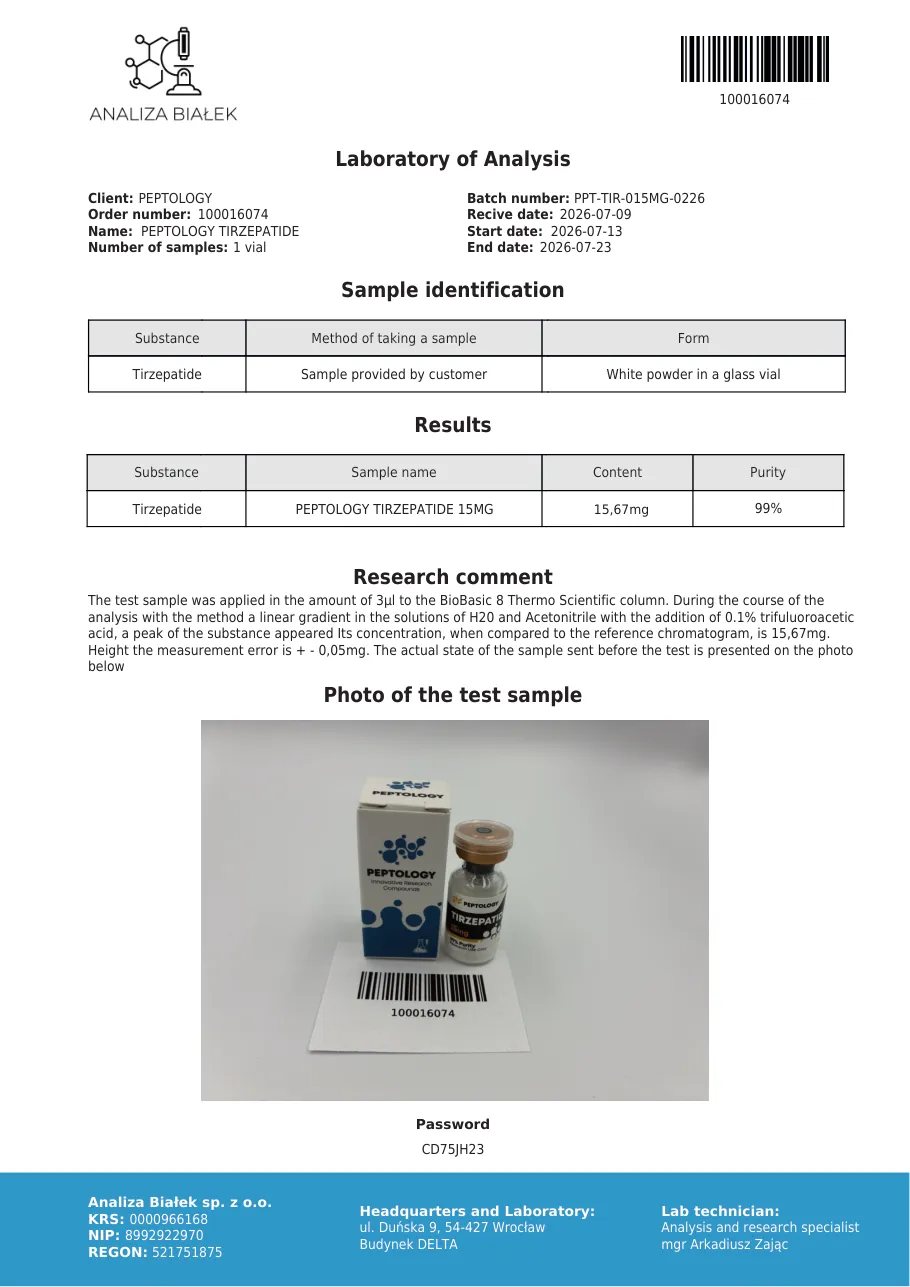 Tirzepatide 15 mg – certificato di purezza HPLC, lotto 0226