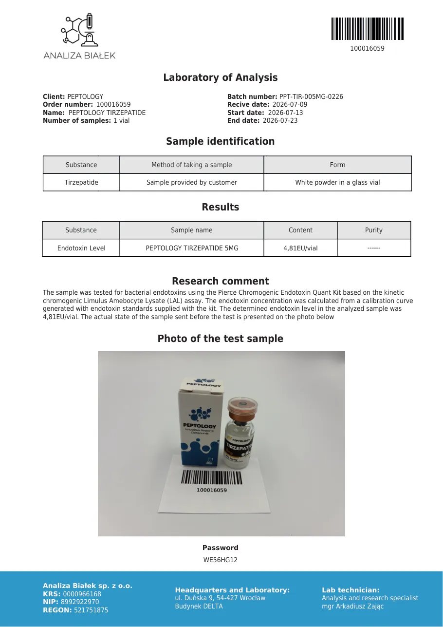 Tirzepatide 5 mg – test delle endotossine, lotto 0226