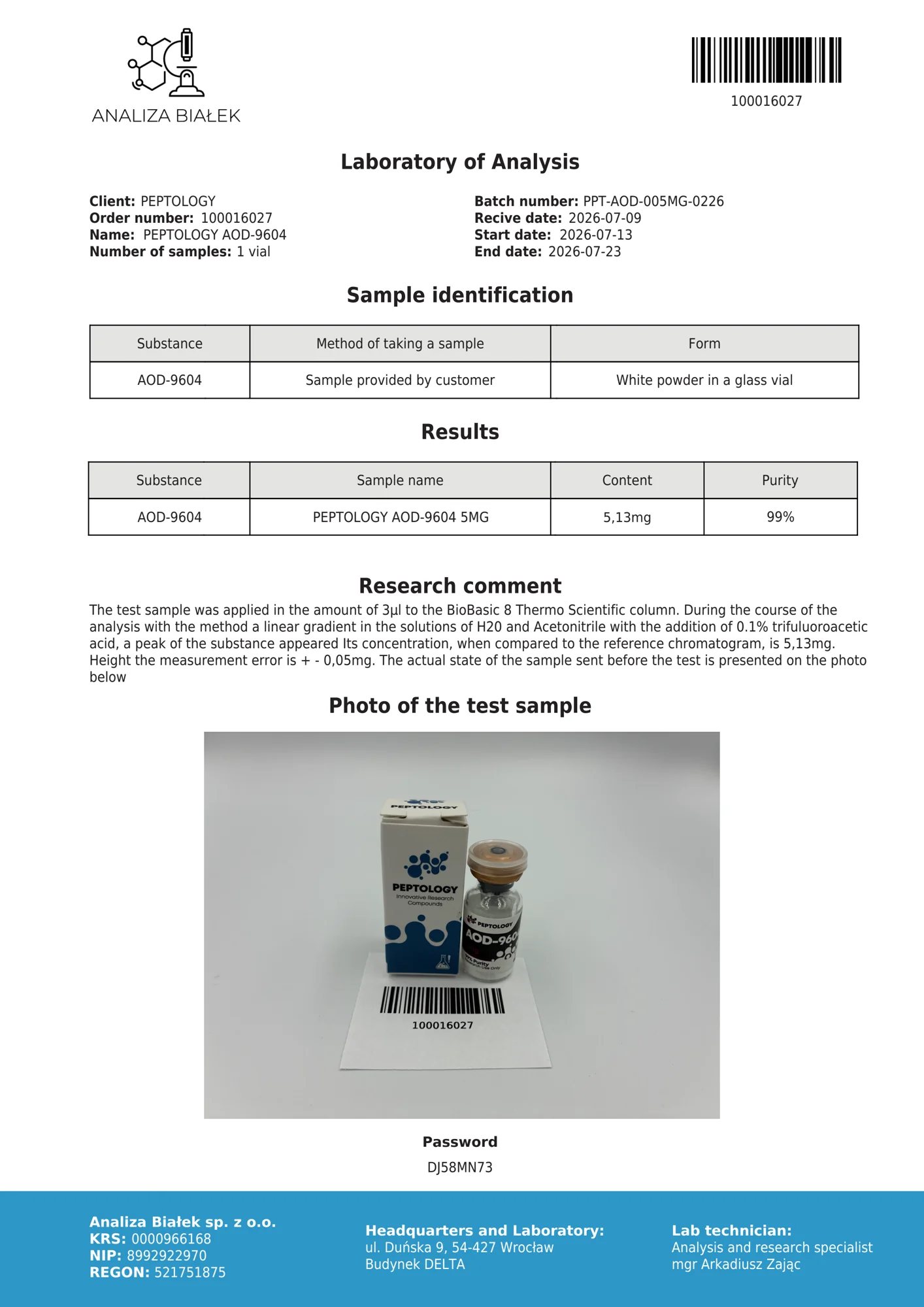 AOD-9604 5 mg – certificato di purezza HPLC, lotto 0226