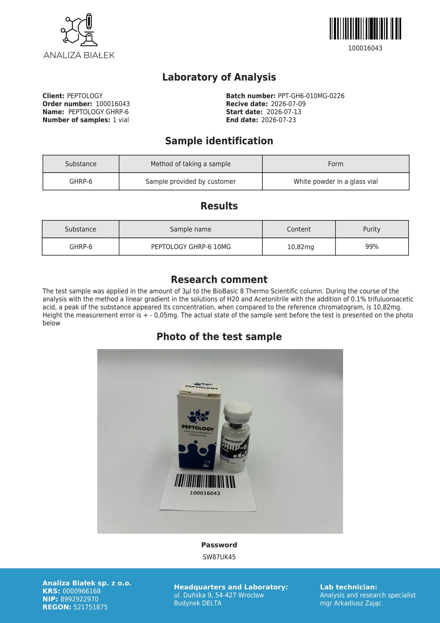 GHRP-6 10 mg – certificato di purezza HPLC, lotto 0226