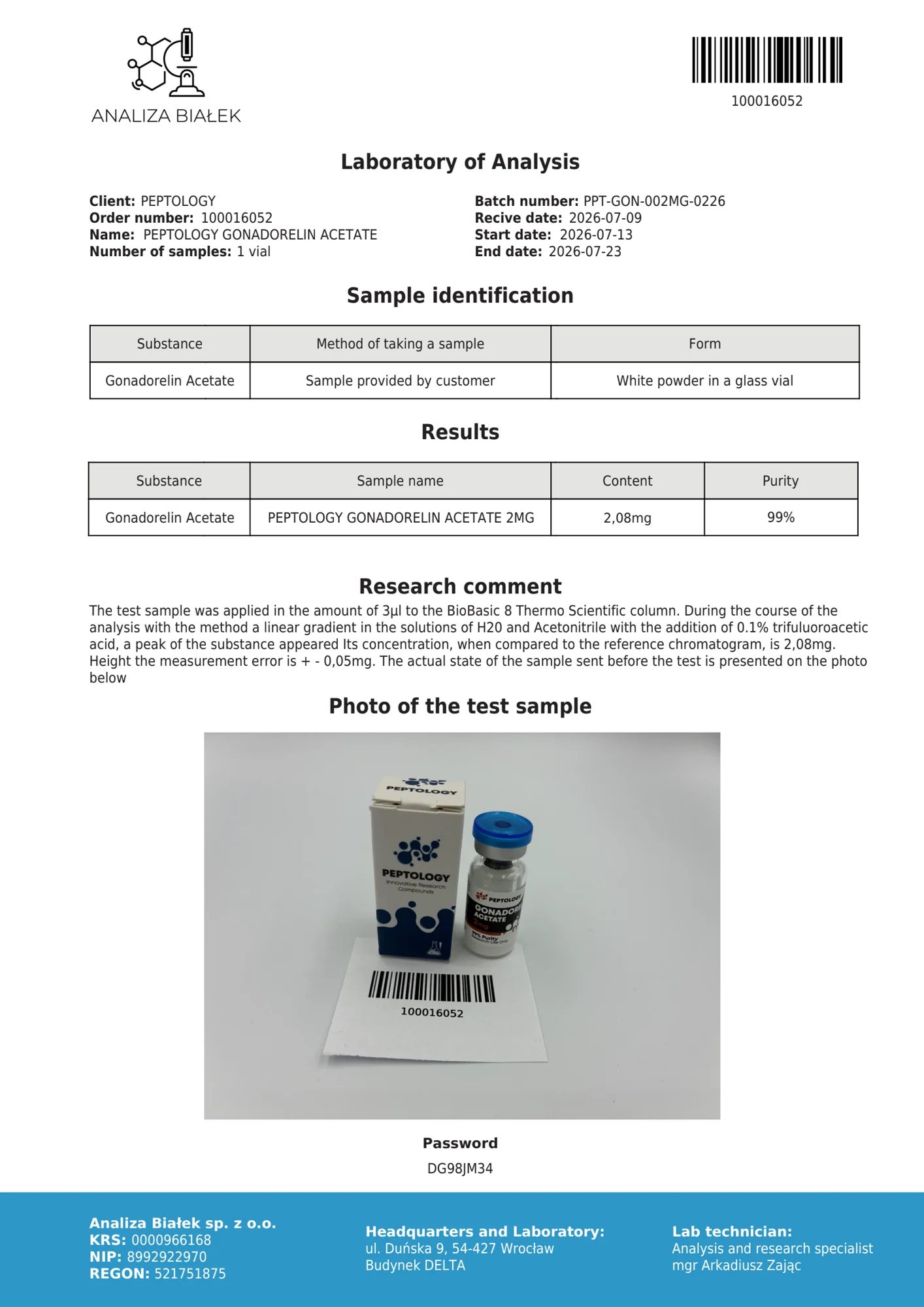 Gonadorelin 2 mg – certificato di purezza HPLC, lotto 0226