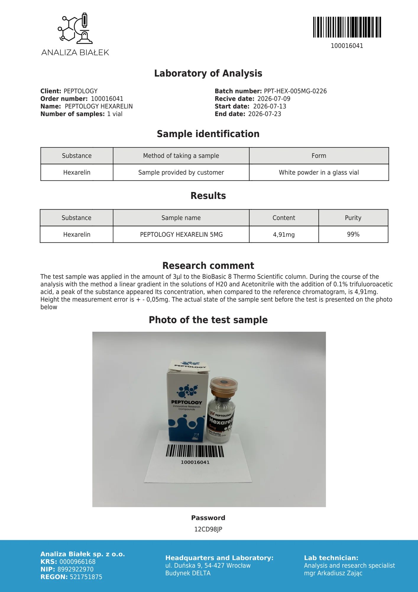 Hexarelin 5 mg – certificato di purezza HPLC, lotto 0226