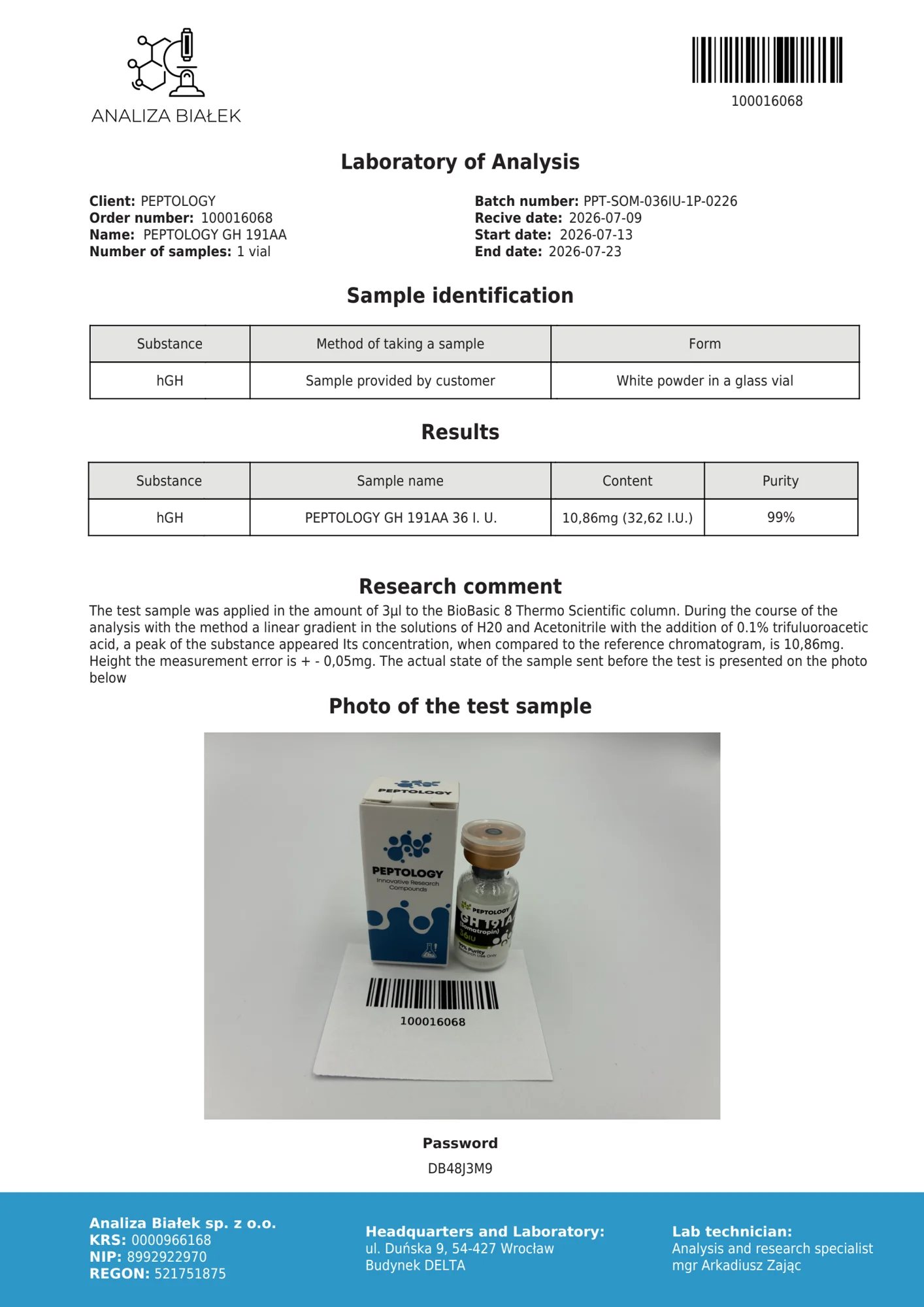 Somatropin 36 IU – certificato di purezza HPLC, lotto 0226
