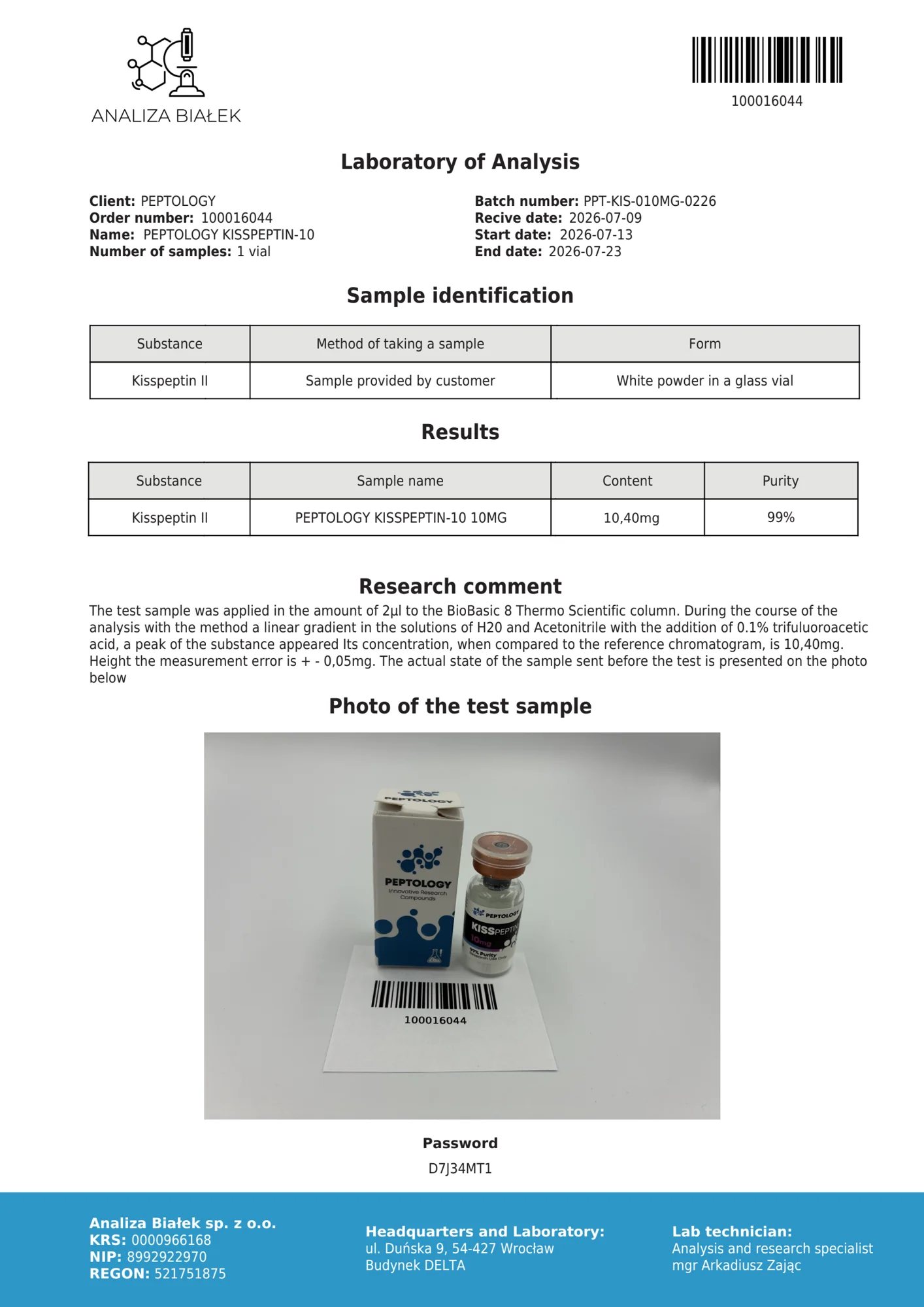 Kisspeptin-10 10 mg – certificato di purezza HPLC, lotto 0226