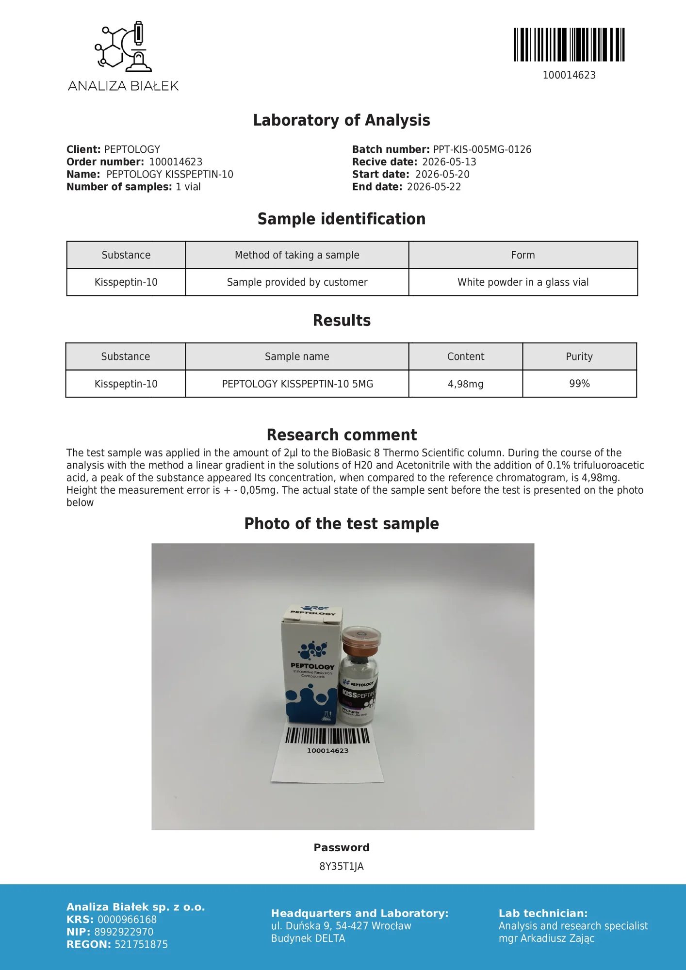 Kisspeptin-10 5 mg – certificato di purezza HPLC, lotto 0126