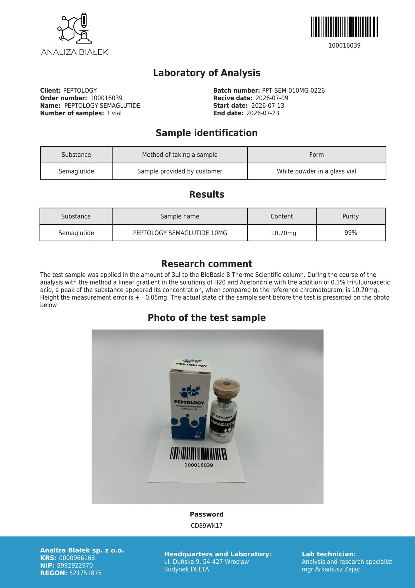 Semaglutide 10 mg – certificato di purezza HPLC, lotto 0226