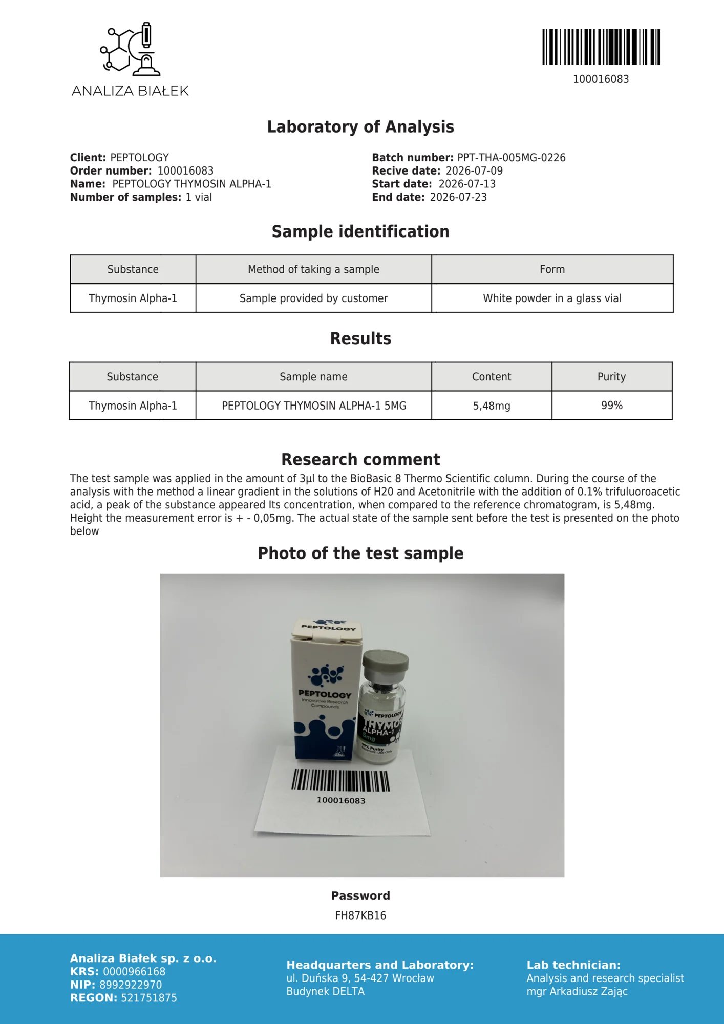 Thymosin Alpha-1 5 mg – certificato di purezza HPLC, lotto 0226