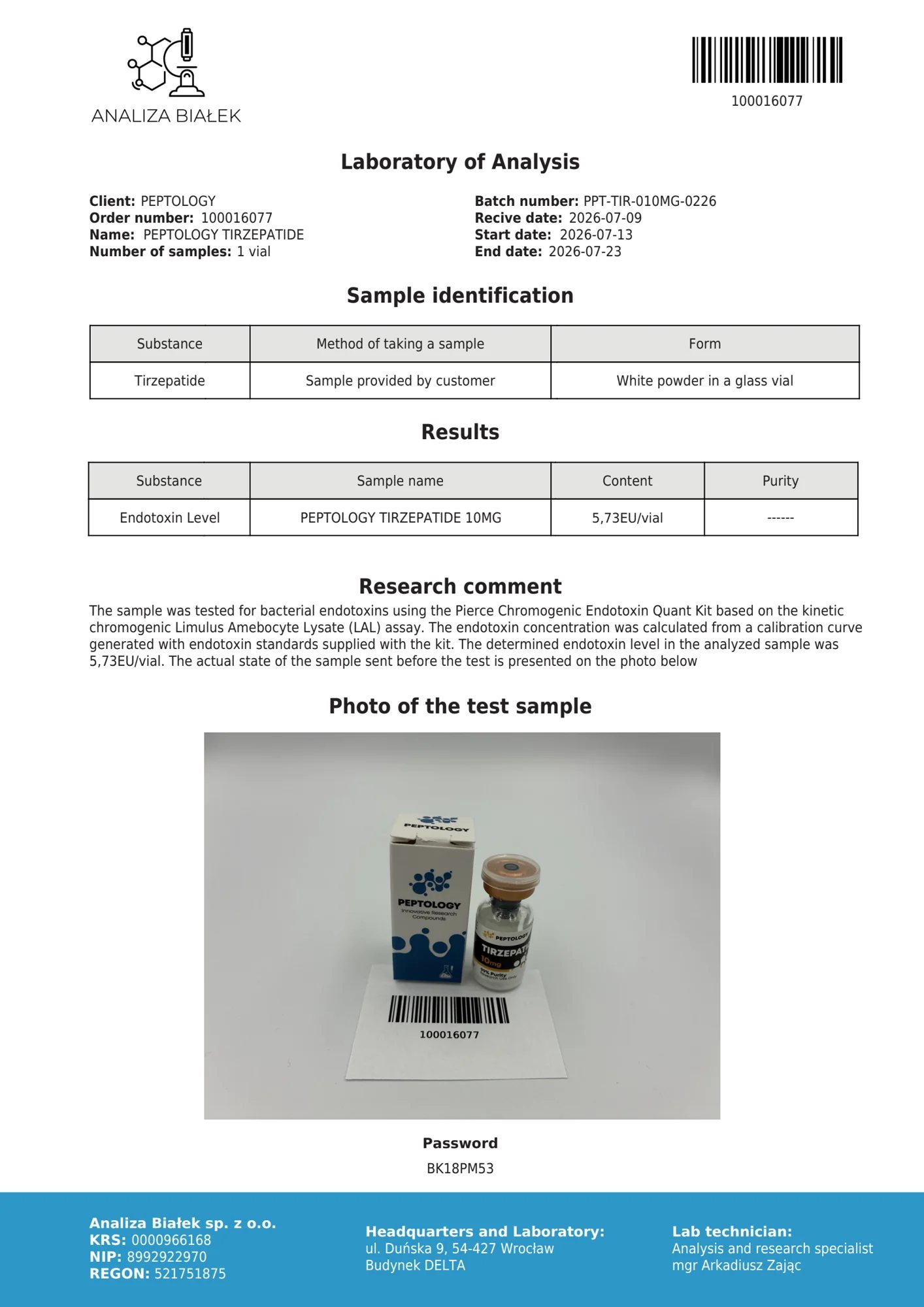 Tirzepatide 10 mg – test delle endotossine, lotto 0226