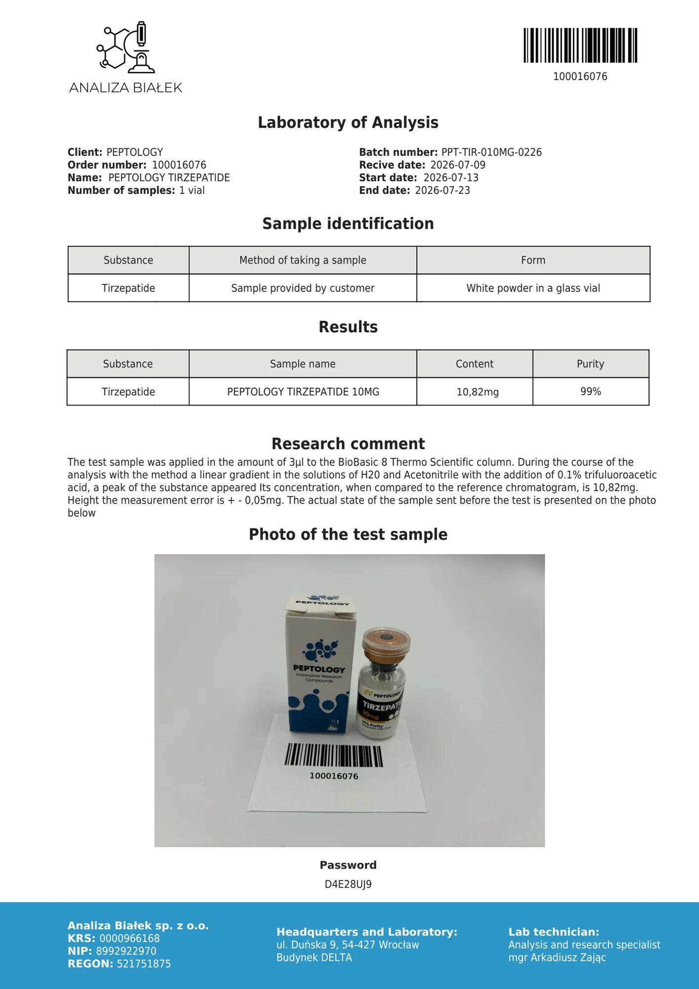 Tirzepatide 10 mg – certificato di purezza HPLC, lotto 0226