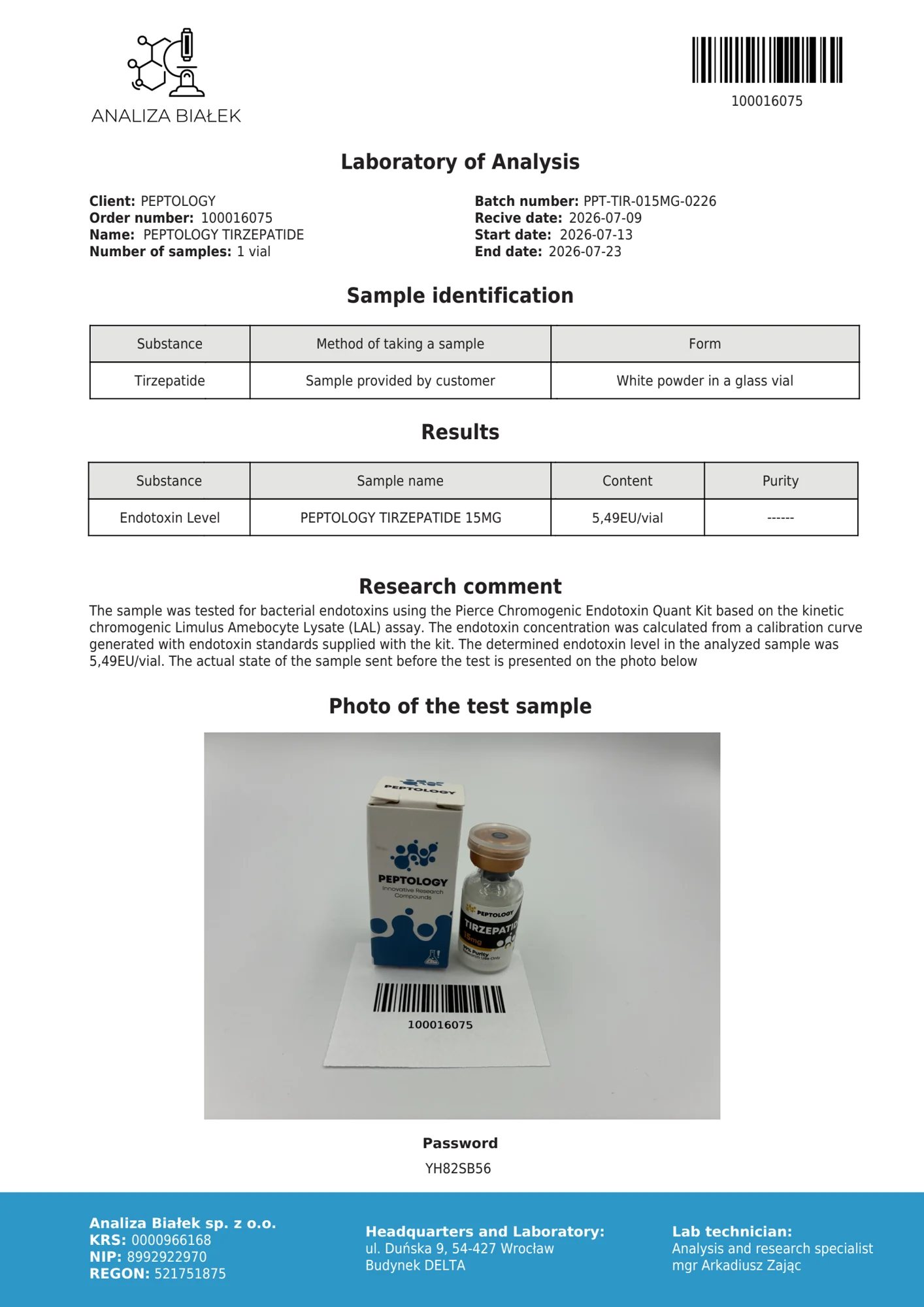 Tirzepatide 15 mg – test delle endotossine, lotto 0226