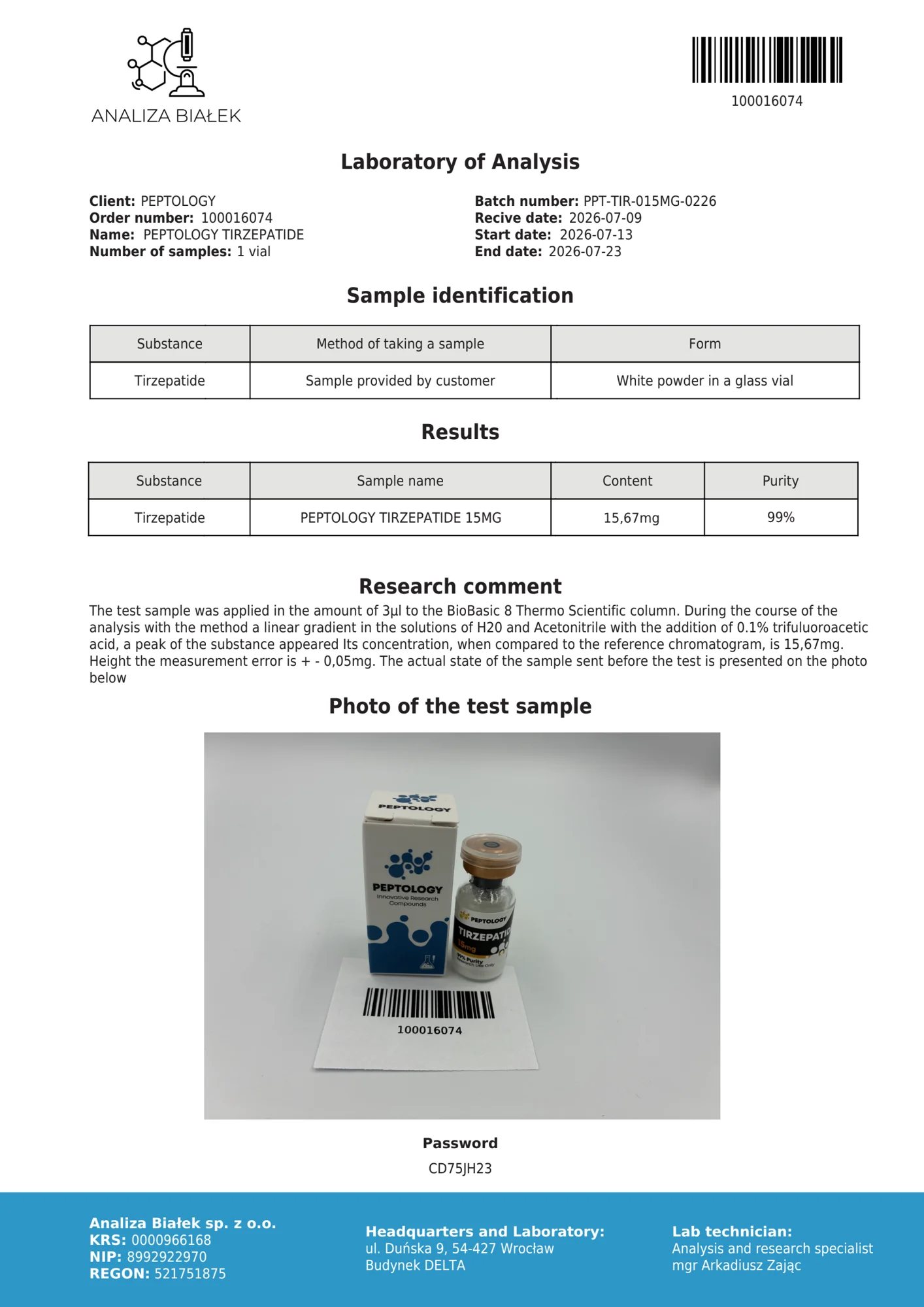 Tirzepatide 15 mg – certificato di purezza HPLC, lotto 0226