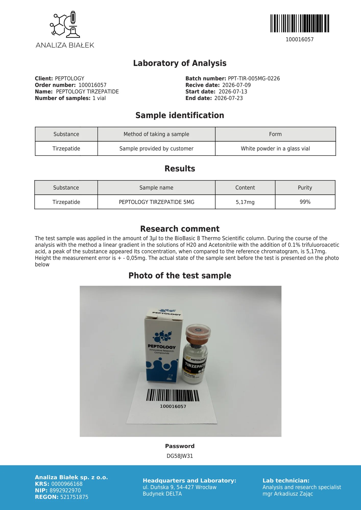 Tirzepatide 5 mg – certificato di purezza HPLC, lotto 0226