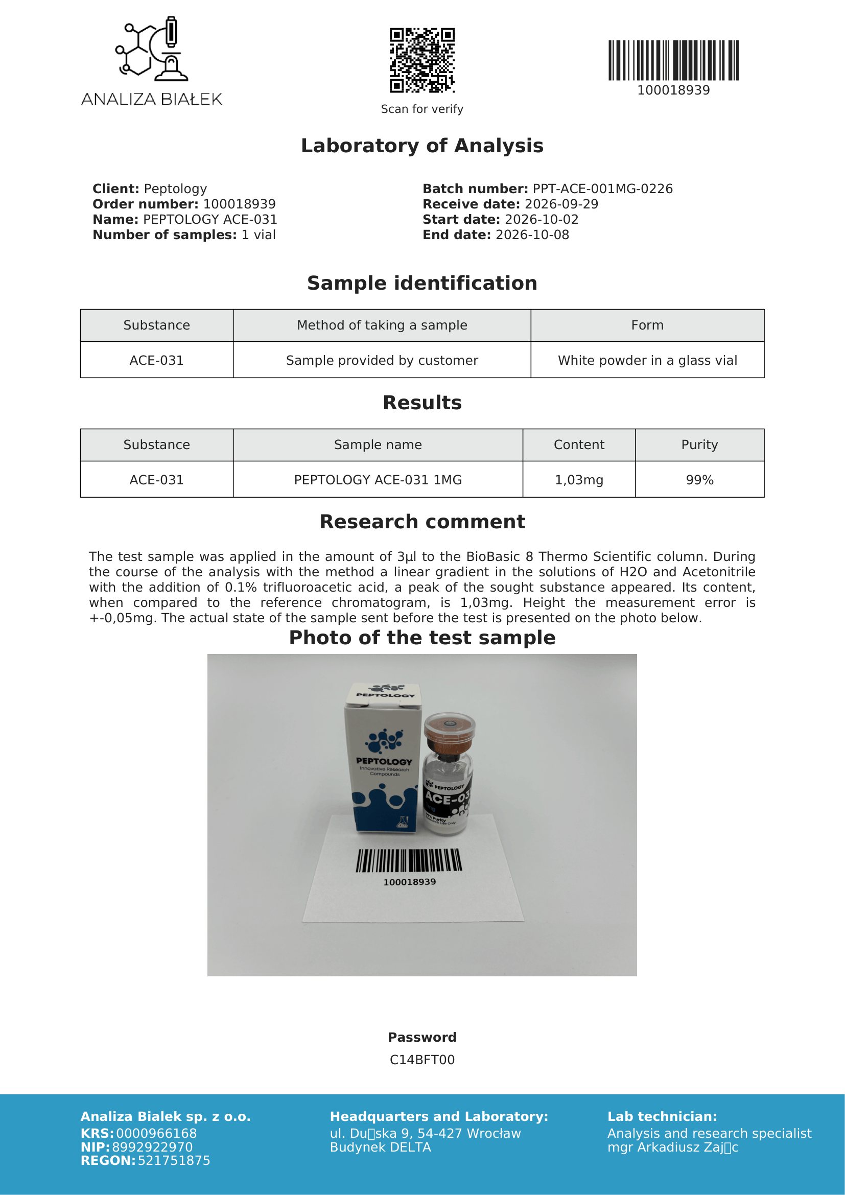 ACE-031 – certificato di purezza HPLC, lotto 0226