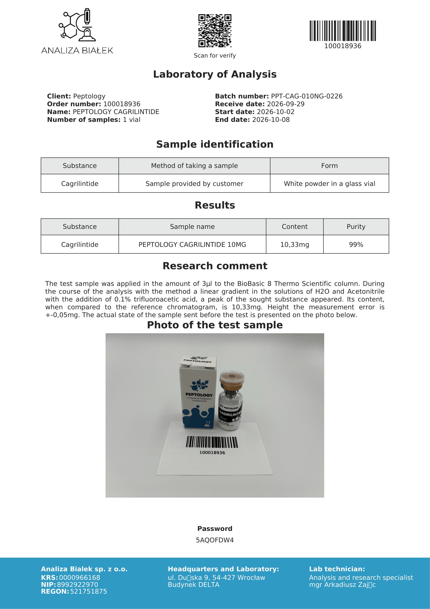 Cagrilintide 10 mg – certificato di purezza HPLC, lotto 0226