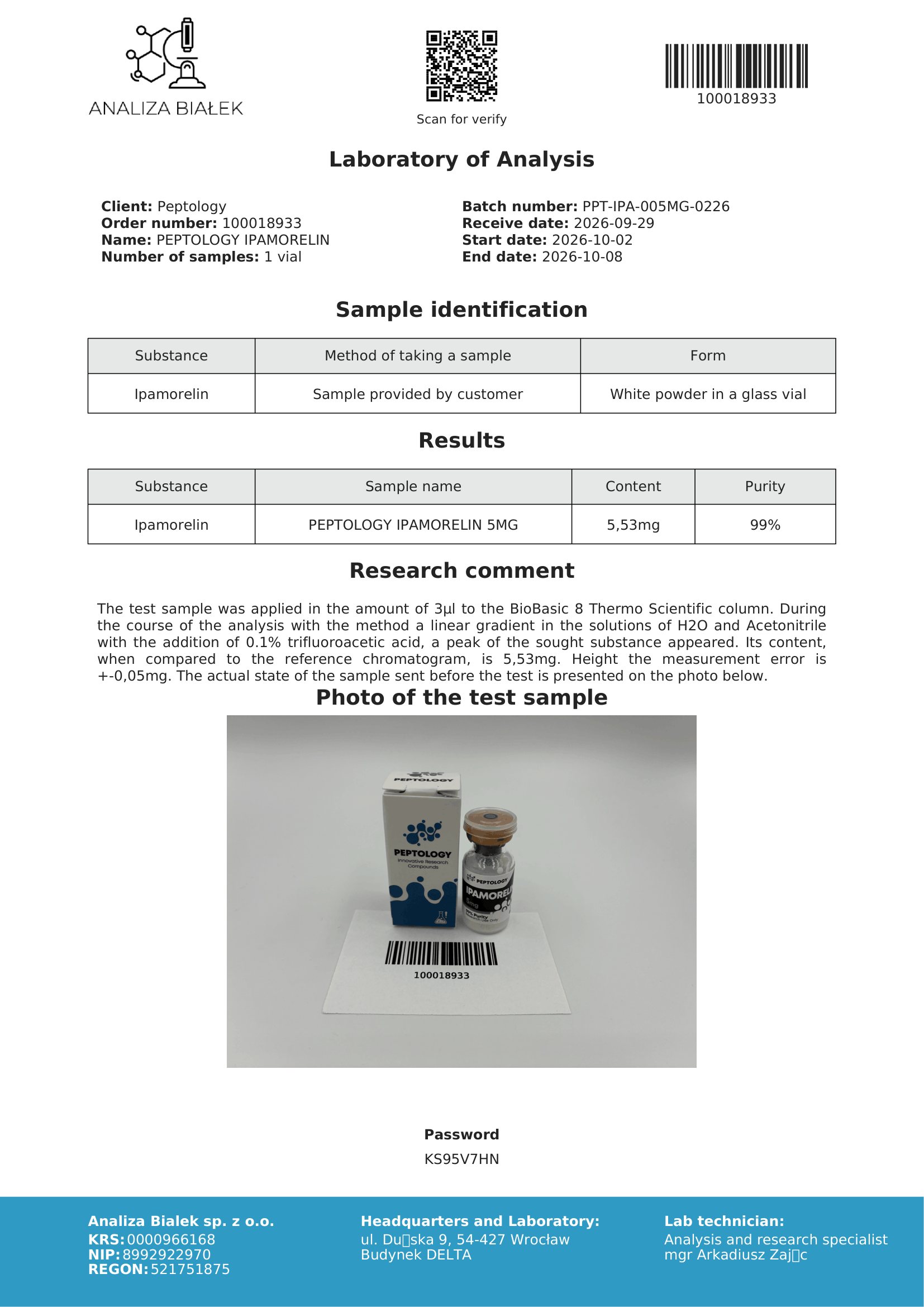 Ipamorelin 5 mg – certificato di purezza HPLC, lotto 0226