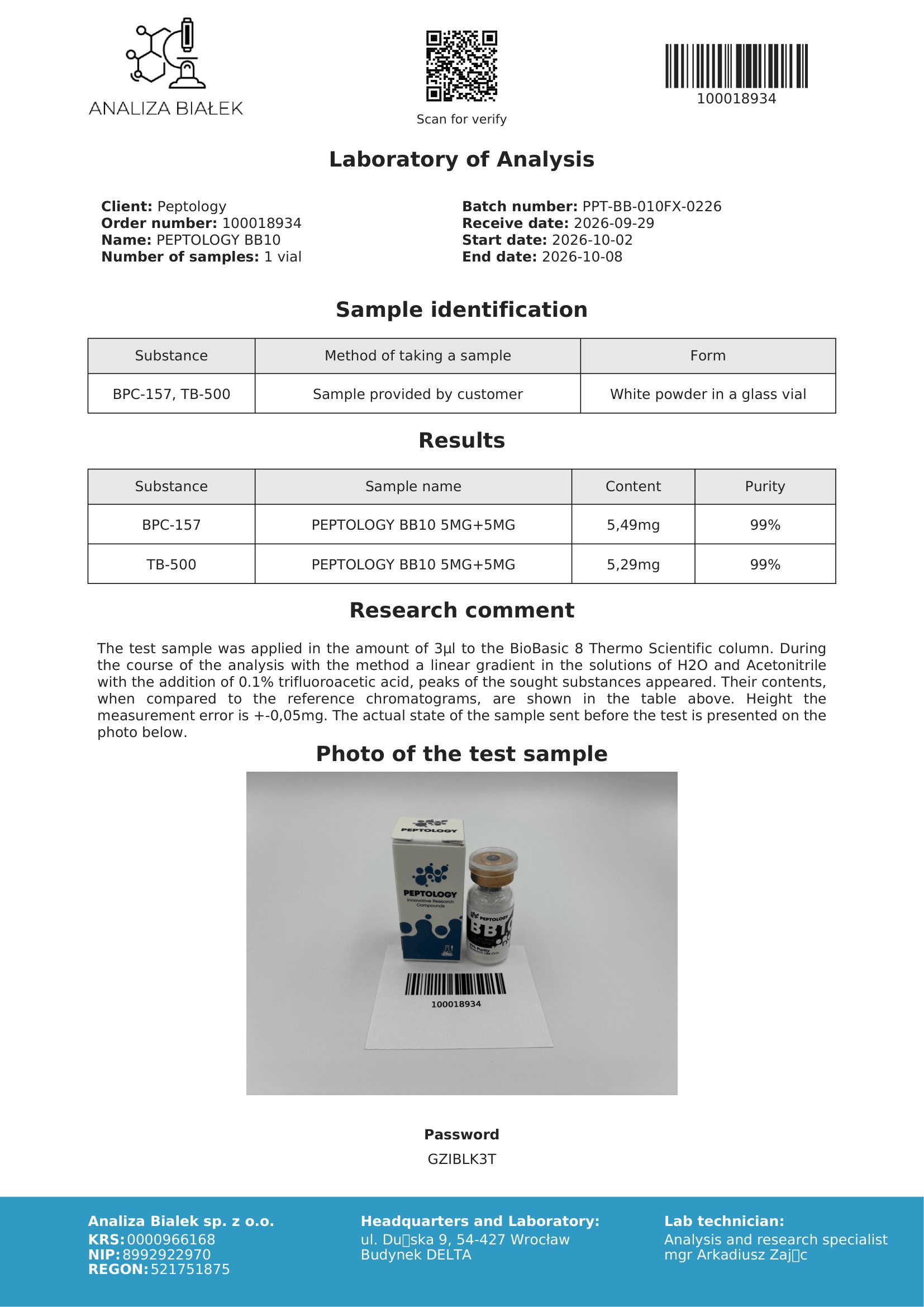 BB10 – certificato di purezza HPLC, lotto 0226