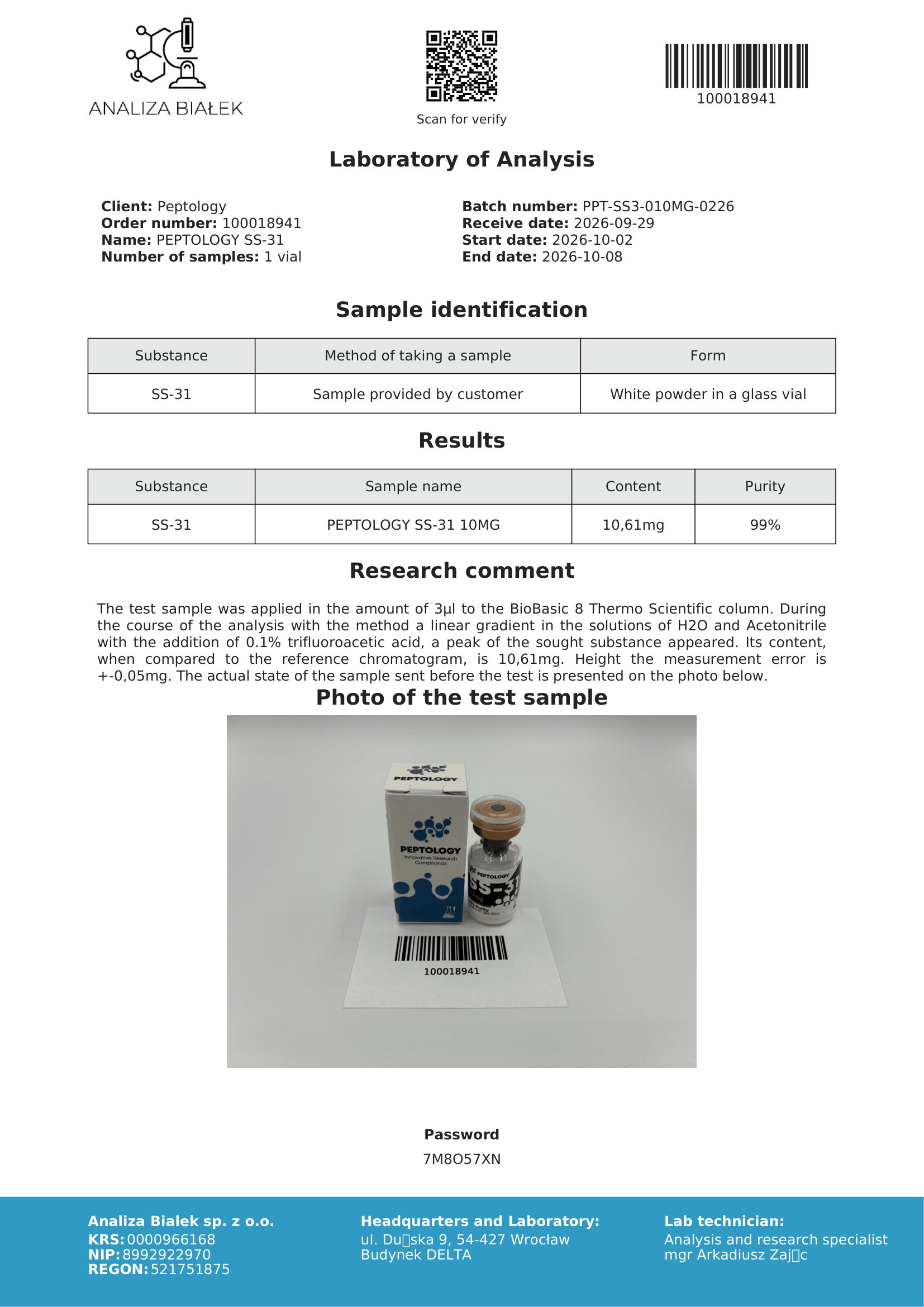 SS‑31 10 mg – certificato di purezza HPLC, lotto 0226