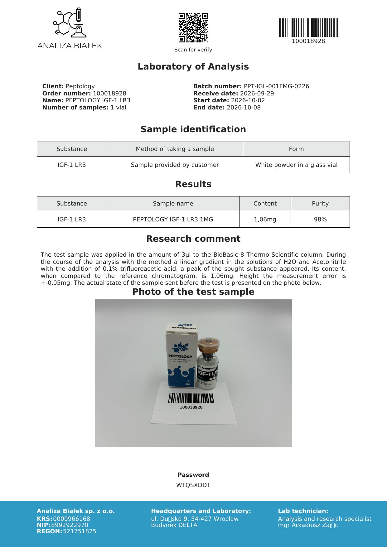 IGF‑1 LR3 1 mg – certificato di purezza HPLC, lotto 0226