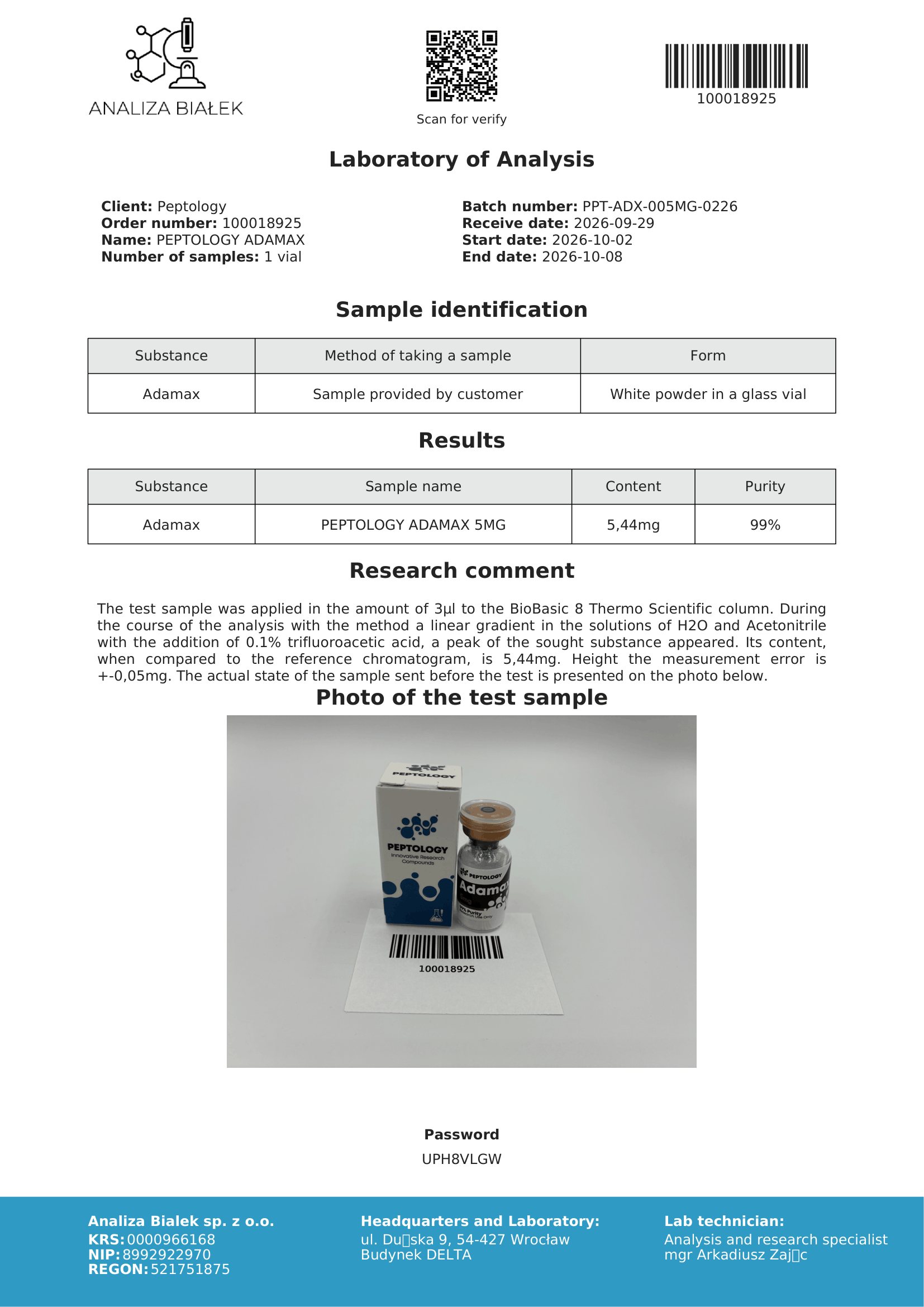 Adamax – certificato di purezza HPLC, lotto 0226