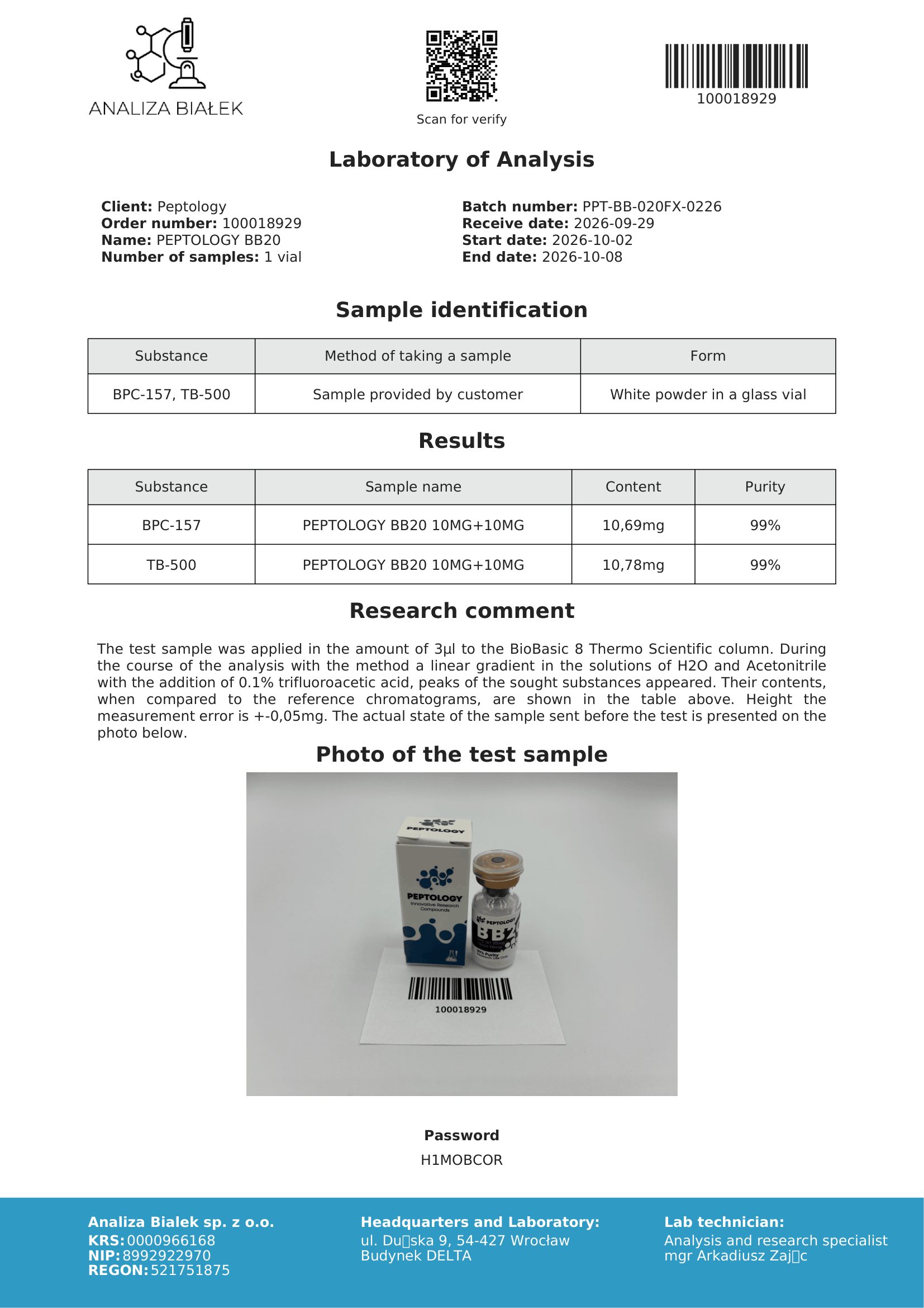BB20 – certificato di purezza HPLC, lotto 0226