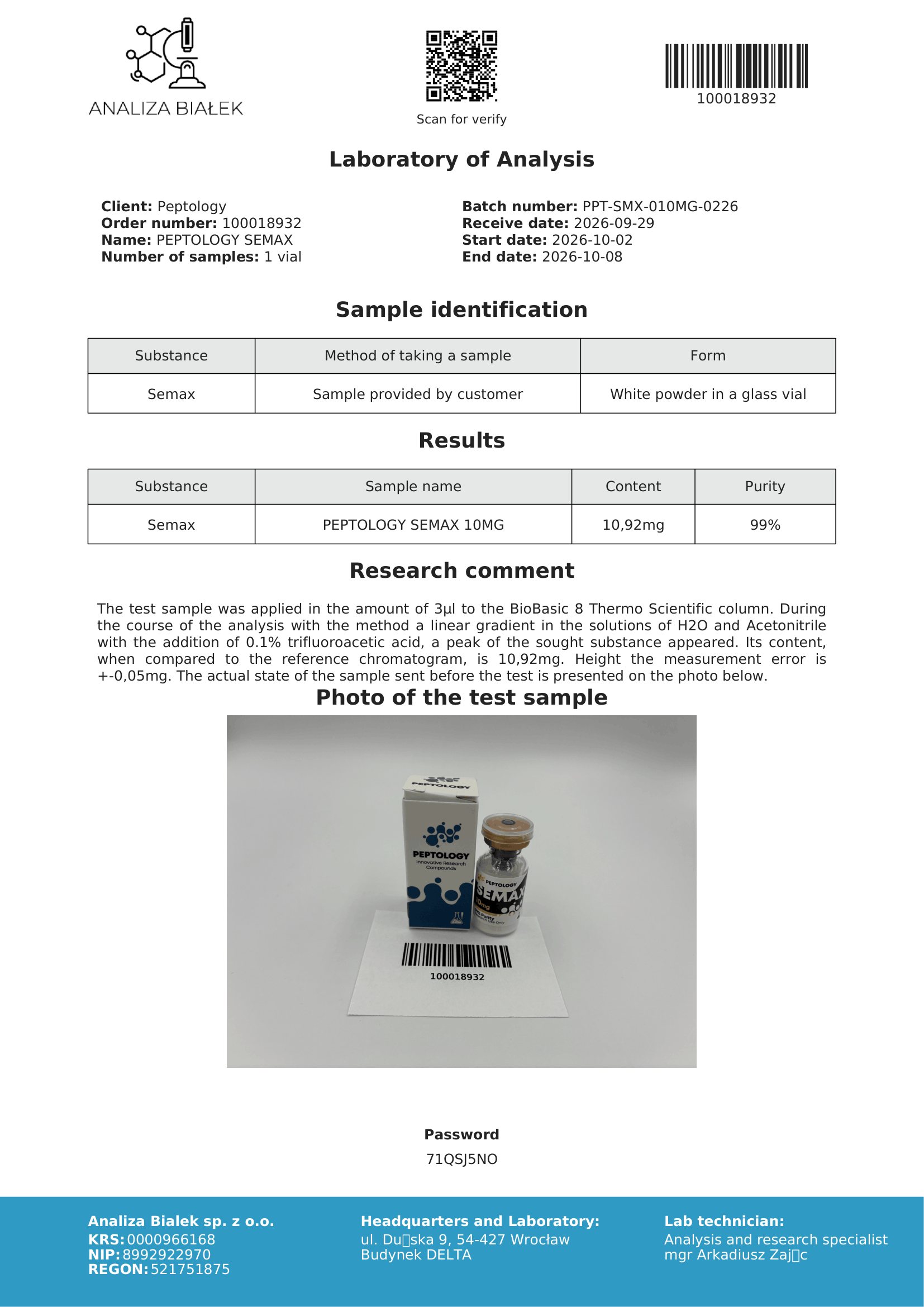 Semax 10 mg – certificato di purezza HPLC, lotto 0226