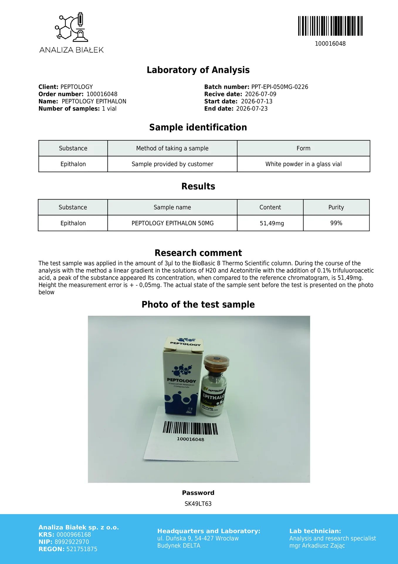Epithalon 50 mg – Tetrapeptide sintetico (AEDG) per la ricerca – immagine 2