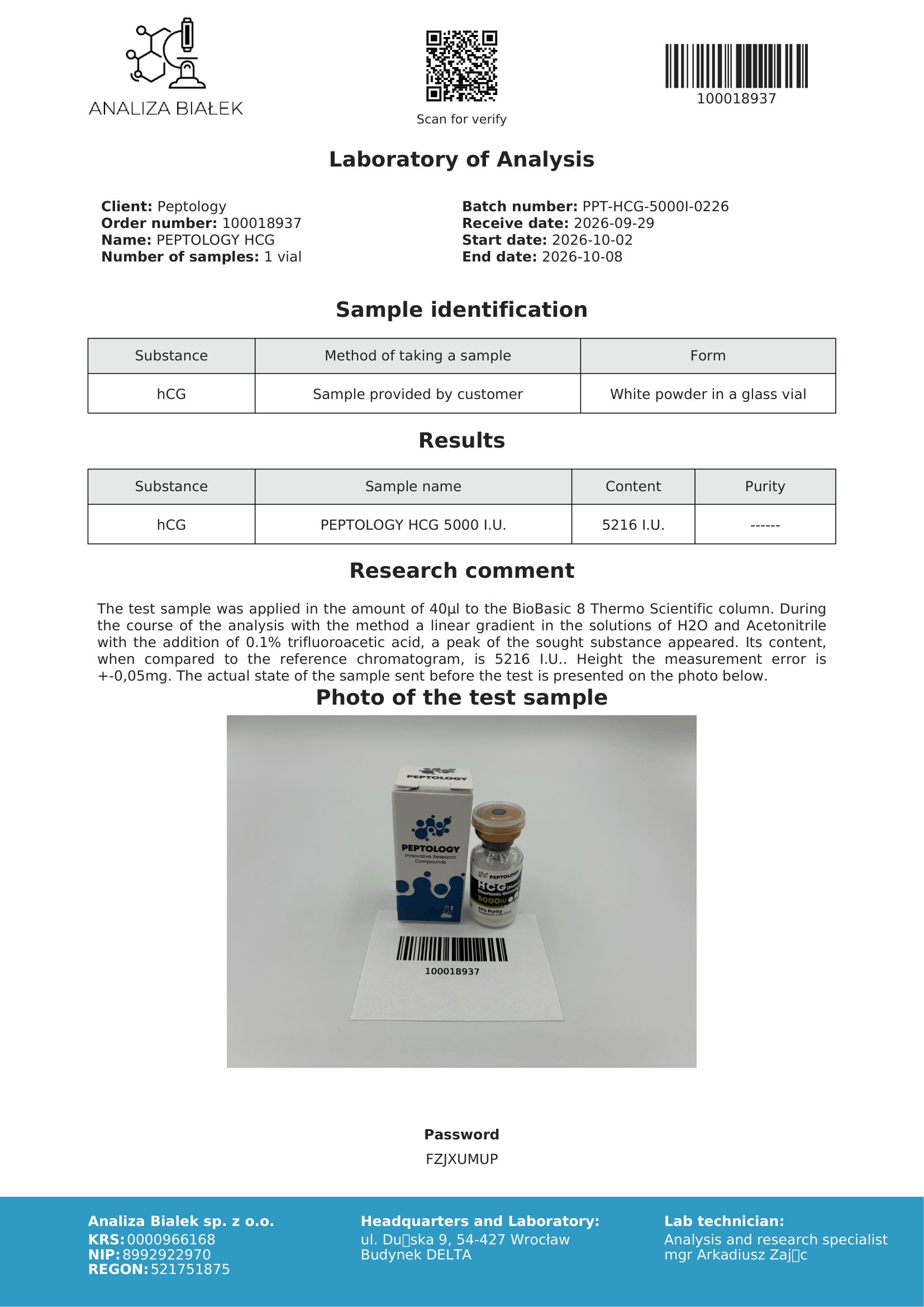 HCG – certificato di purezza HPLC, lotto 0226