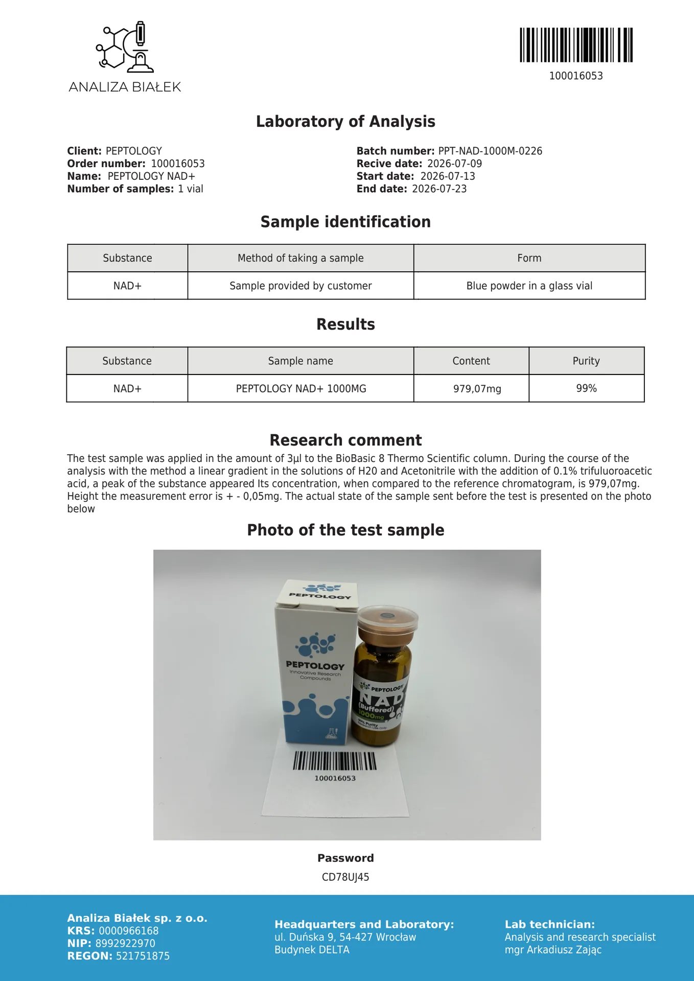 NAD+ (tamponato) 1000 mg – Coenzima per la ricerca mitocondriale – immagine 2