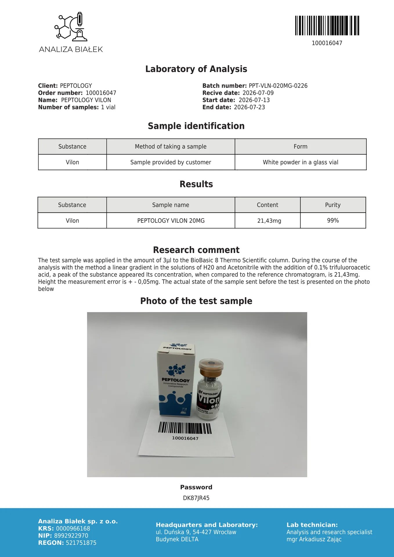 Vilon 20 mg – Dipeptide bioregolatore (Lys-Glu) per la ricerca – immagine 2